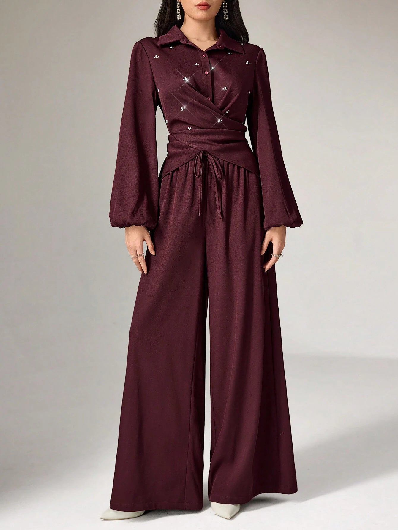  | SHEIN Modely 2pcs Women's Solid Color Front Button Crystal Decor Pleated Crossover Wrap Long Sleeve Top And Pants Elegant Set 2 Piece Set | Top and Pant Set | Shein | OneHub