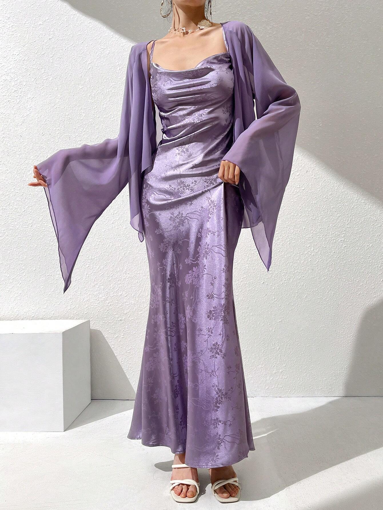  | SHEIN Modely 2pcs Women's Solid Color Mesh Flare Sleeve Jacket & Floral Print Dress Simple Daily Outfit Set | Dress | Shein | OneHub