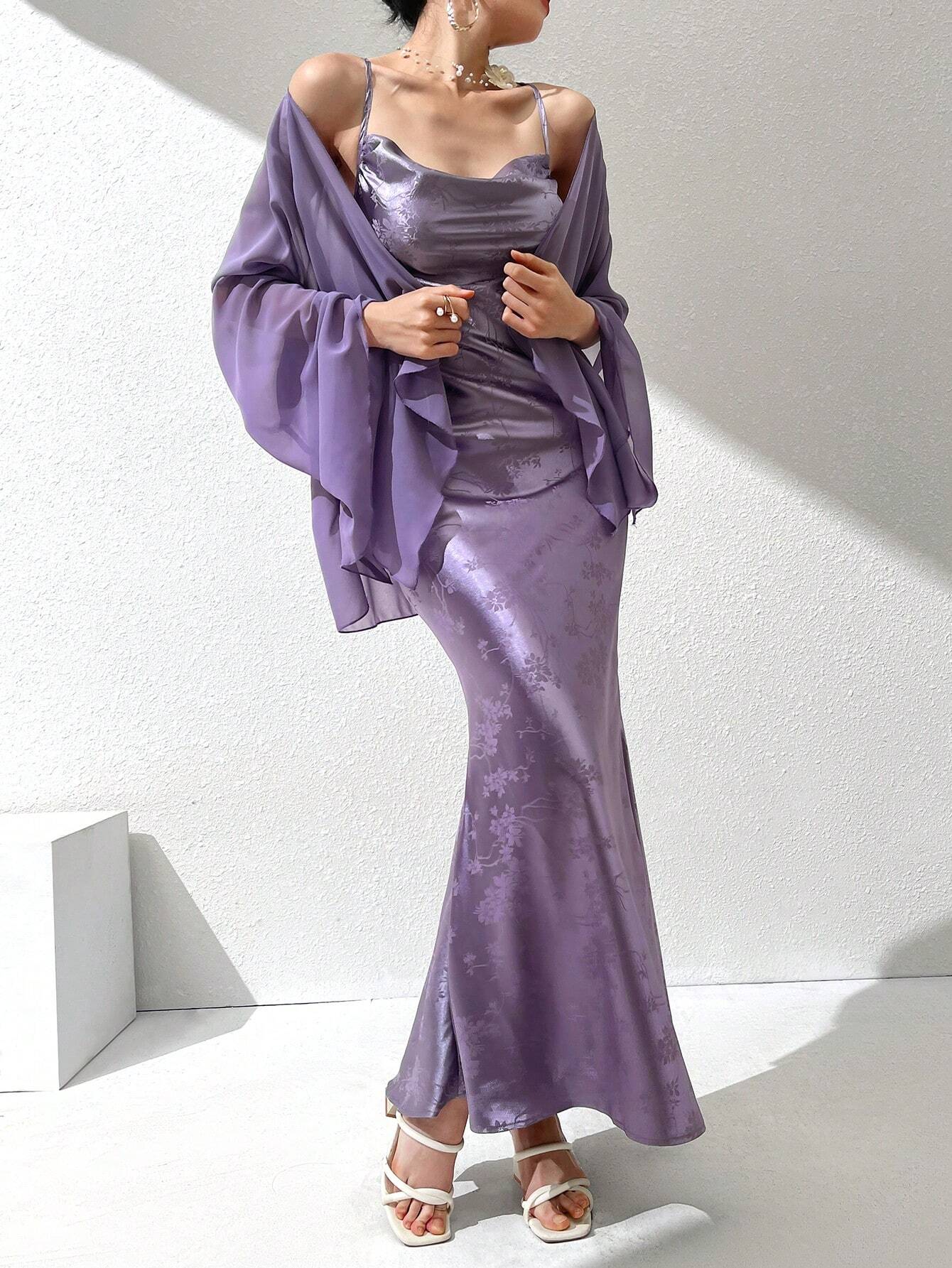  | SHEIN Modely 2pcs Women's Solid Color Mesh Flare Sleeve Jacket & Floral Print Dress Simple Daily Outfit Set | Dress | Shein | OneHub