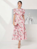 SHEIN Modely Allover Floral Print Puff Sleeve Belted Dress