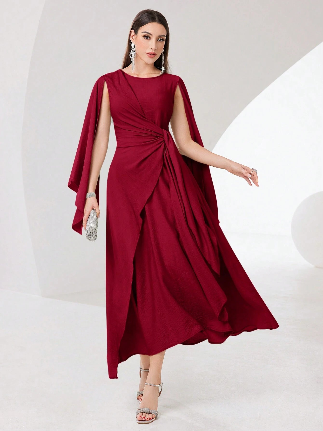 SHEIN Modely Burgundy Red Cloak Sleeve Knot Side Wrap Hem Dress | Dress