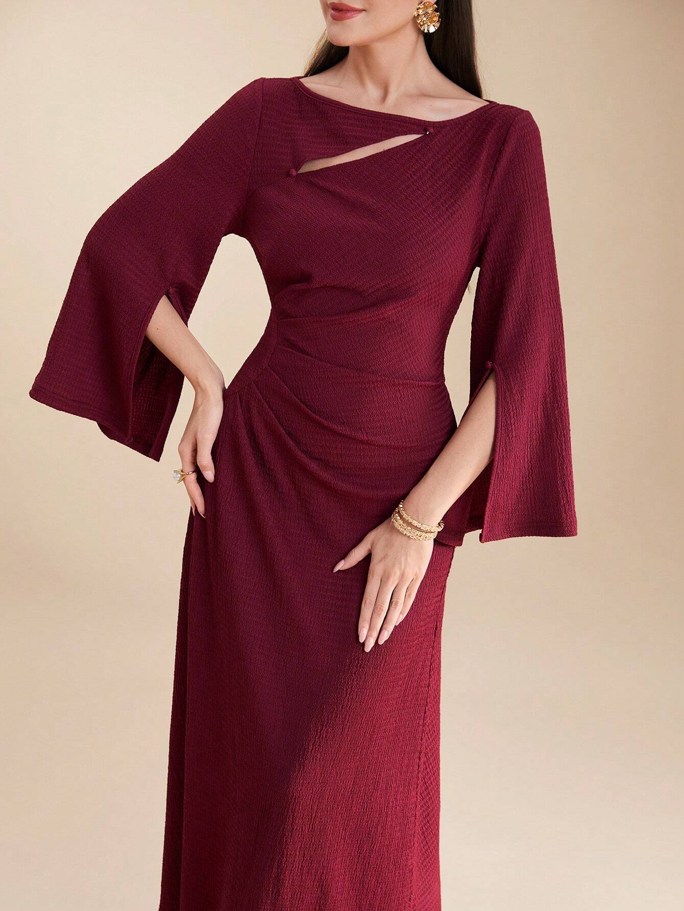  | SHEIN Modely Burgundy Red Ladies' Solid Color Simple Arabian Daily Modest Long Sleeve Dress Long Evening Dresses | Dress | Shein | OneHub