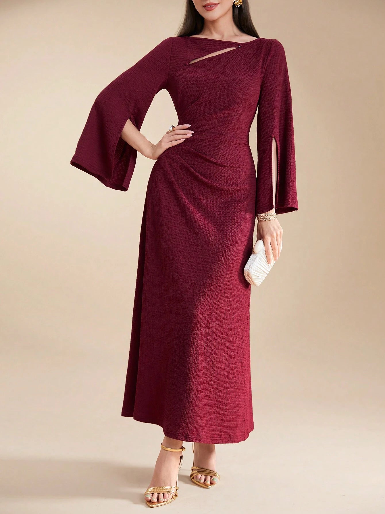  | SHEIN Modely Burgundy Red Ladies' Solid Color Simple Arabian Daily Modest Long Sleeve Dress Long Evening Dresses | Dress | Shein | OneHub