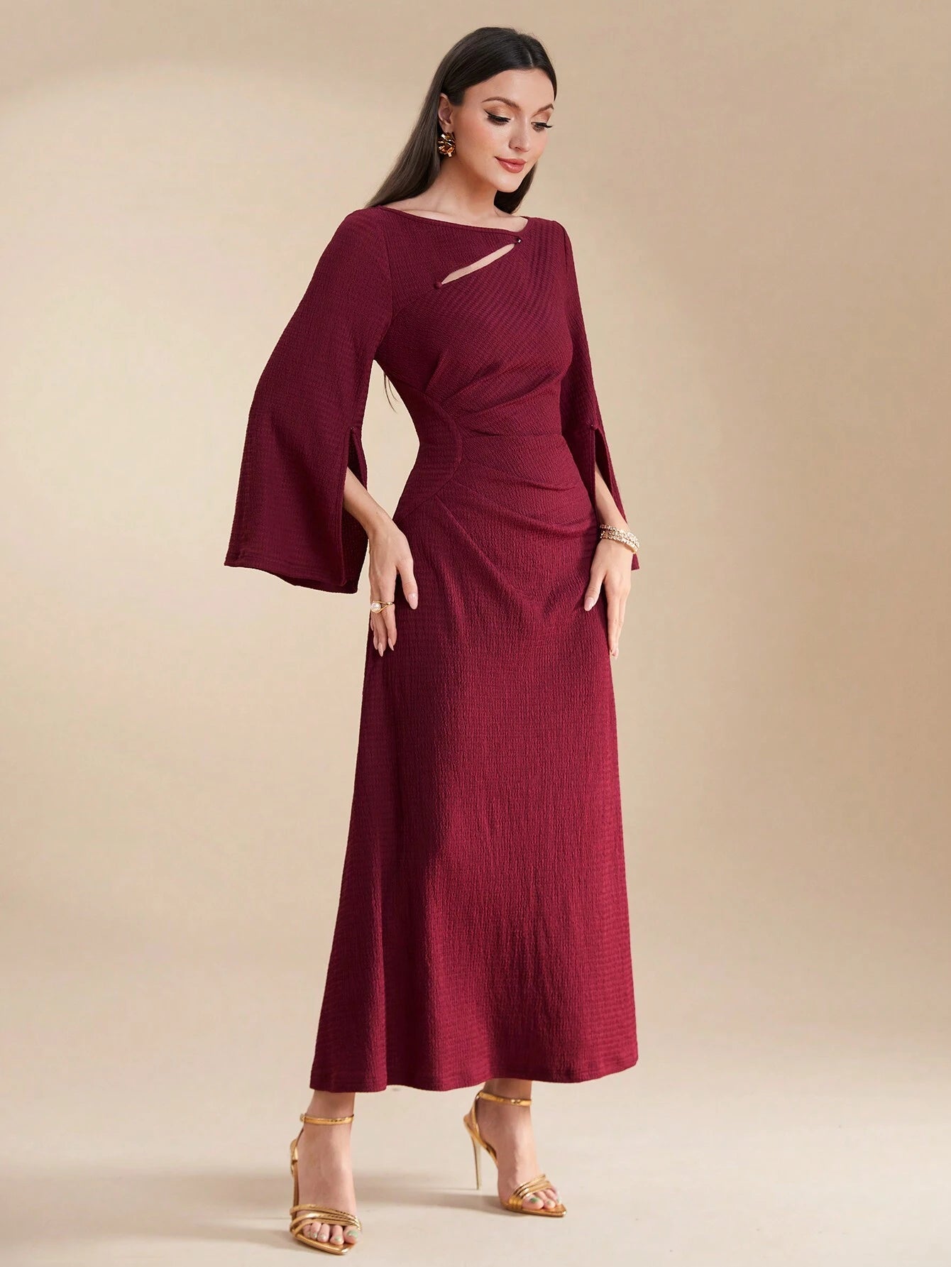  | SHEIN Modely Burgundy Red Ladies' Solid Color Simple Arabian Daily Modest Long Sleeve Dress Long Evening Dresses | Dress | Shein | OneHub