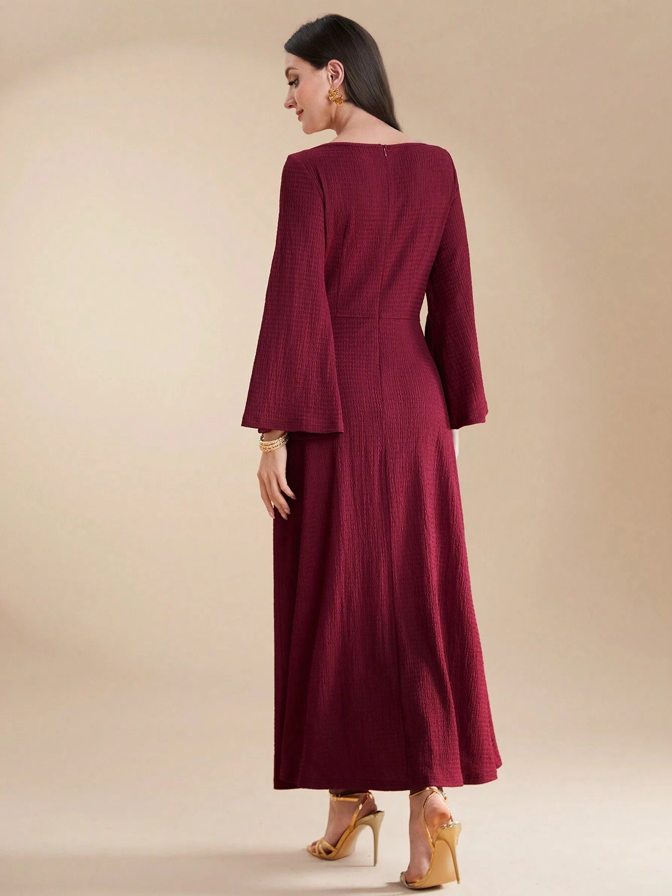  | SHEIN Modely Burgundy Red Ladies' Solid Color Simple Arabian Daily Modest Long Sleeve Dress Long Evening Dresses | Dress | Shein | OneHub