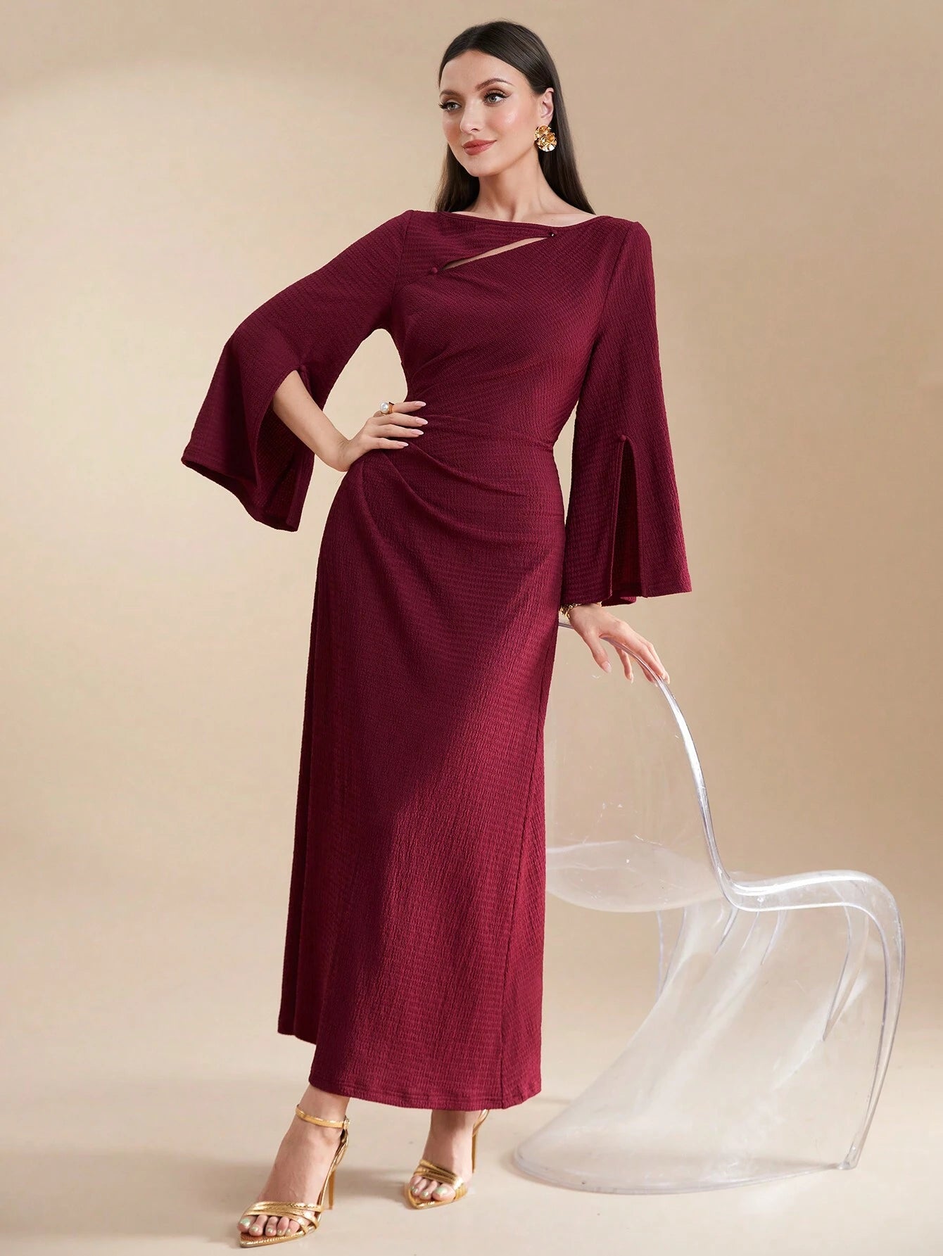  | SHEIN Modely Burgundy Red Ladies' Solid Color Simple Arabian Daily Modest Long Sleeve Dress Long Evening Dresses | Dress | Shein | OneHub