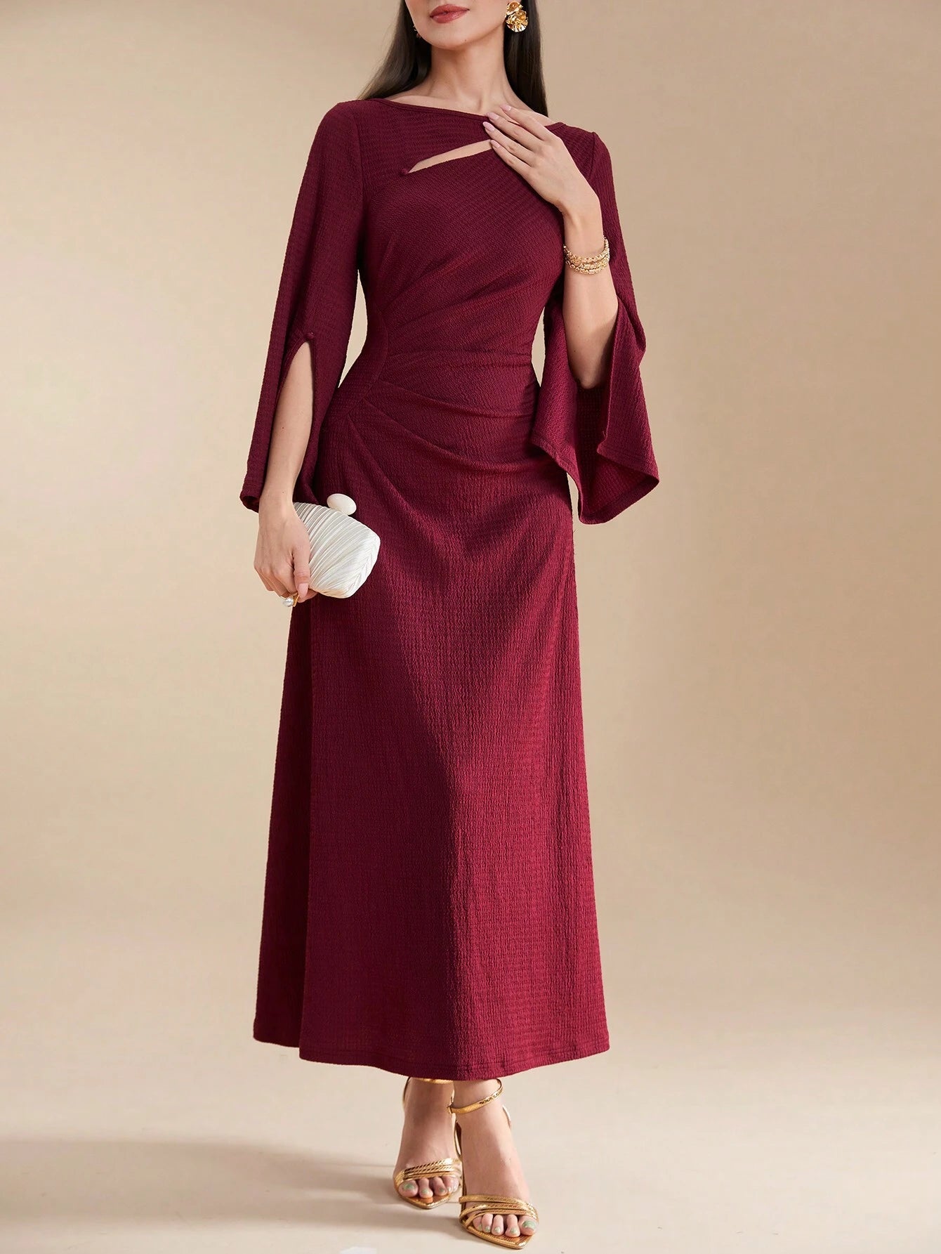  | SHEIN Modely Burgundy Red Ladies' Solid Color Simple Arabian Daily Modest Long Sleeve Dress Long Evening Dresses | Dress | Shein | OneHub