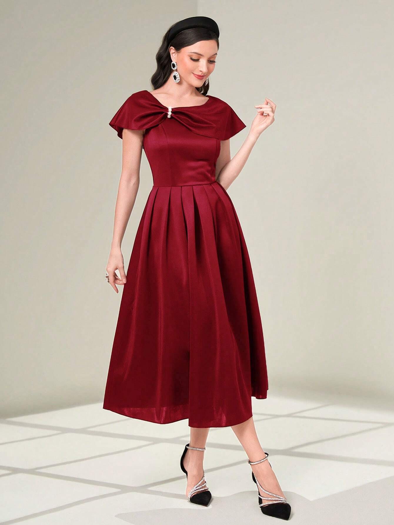 shein red dresses SHEIN Modely Burgundy Red Twist Front Fold Pleated Dress Maxi Women Ou | Dress