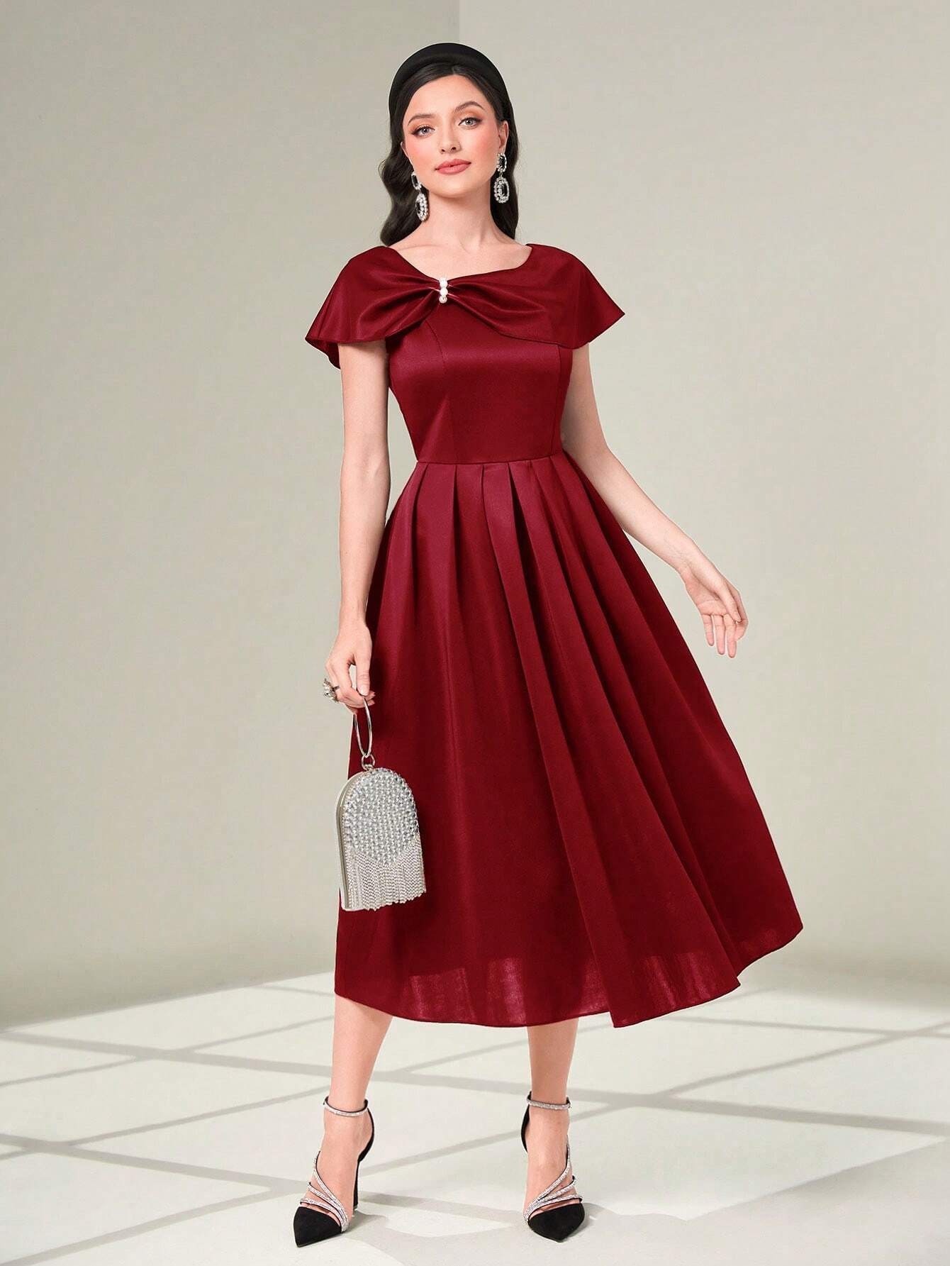  | SHEIN Modely Burgundy Red Twist Front Fold Pleated Dress Maxi Women Outfit Long Evening Dresses | Dress | Shein | OneHub