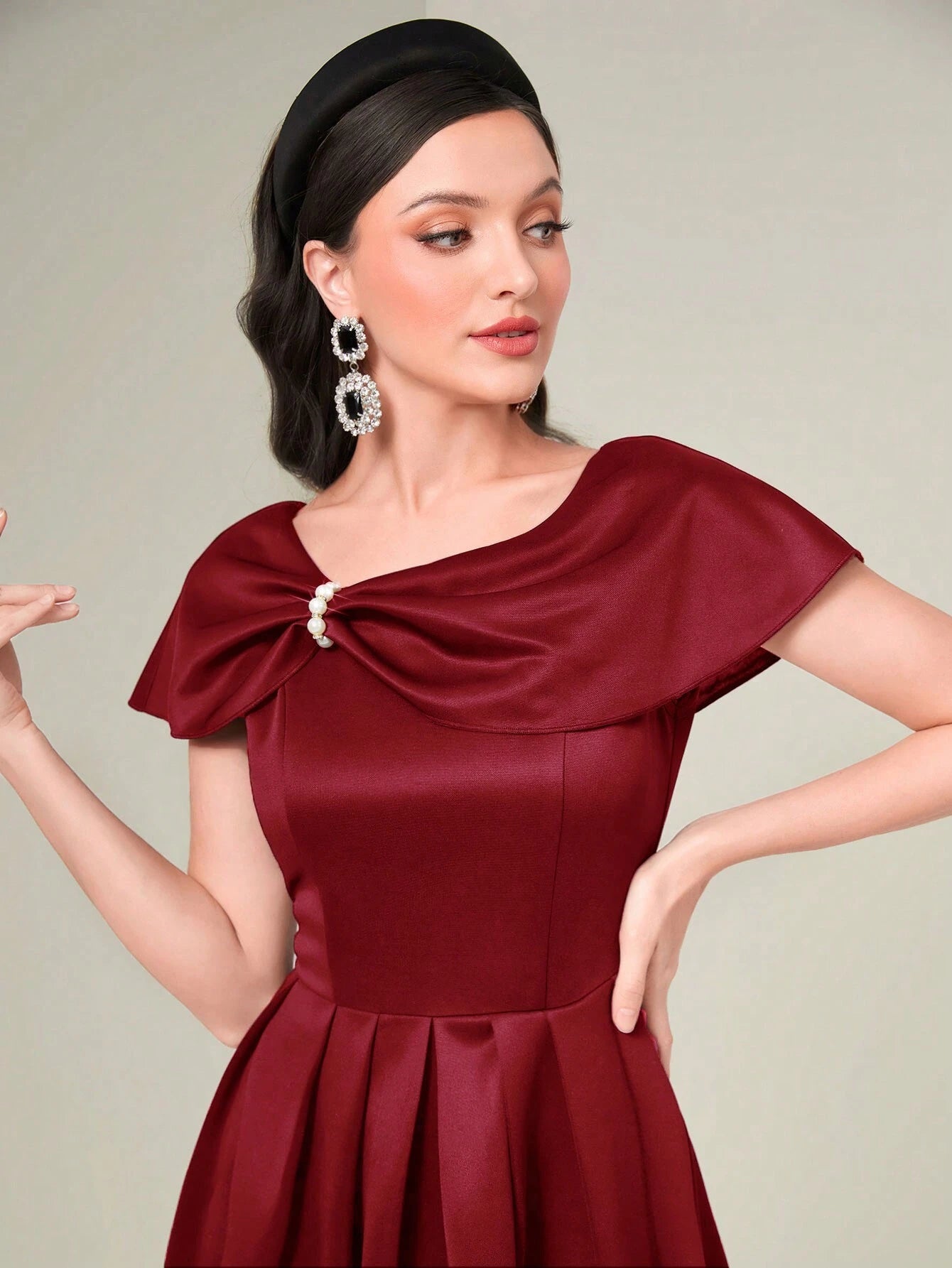 shein red dresses SHEIN Modely Burgundy Red Twist Front Fold Pleated Dress Maxi Women Ou | Dress