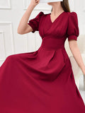 SHEIN Modely Burgundy Red Women's Plain And Simple Daily Short Sleeve Dress