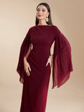 SHEIN Modely Burgundy Red Women's Summer Solid Color Round Neck Pleated Slit Long Sleeve Elegant Dress