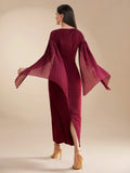  | SHEIN Modely Burgundy Red Women's Summer Solid Color Round Neck Pleated Slit Long Sleeve Elegant Dress | Dress | Shein | OneHub