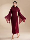  | SHEIN Modely Burgundy Red Women's Summer Solid Color Round Neck Pleated Slit Long Sleeve Elegant Dress | Dress | Shein | OneHub