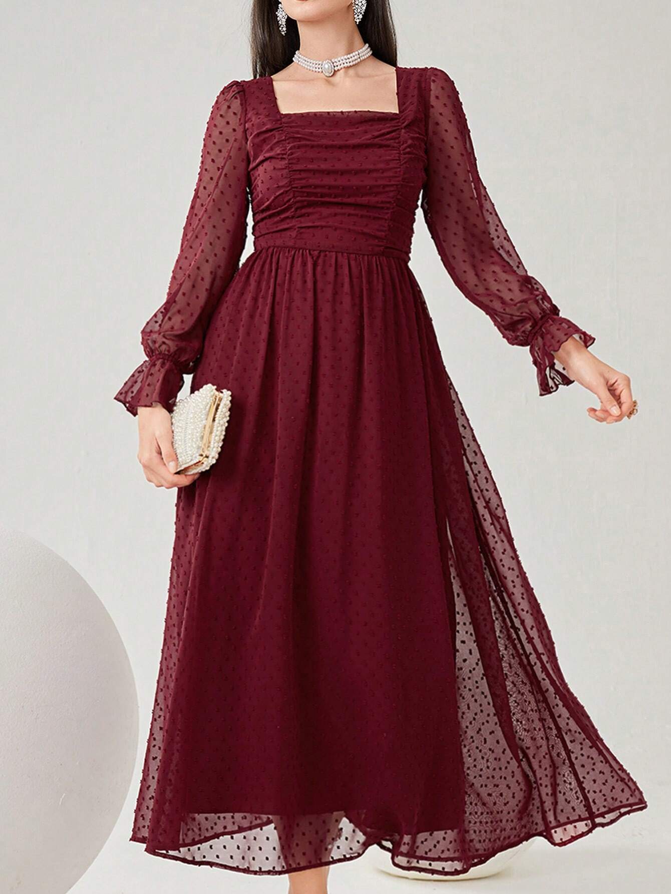  | SHEIN Modely Burgundy Red Women's Swiss Polka Dot Square Neckline Flowy Dress, Spring Summer | Dress | Shein | OneHub