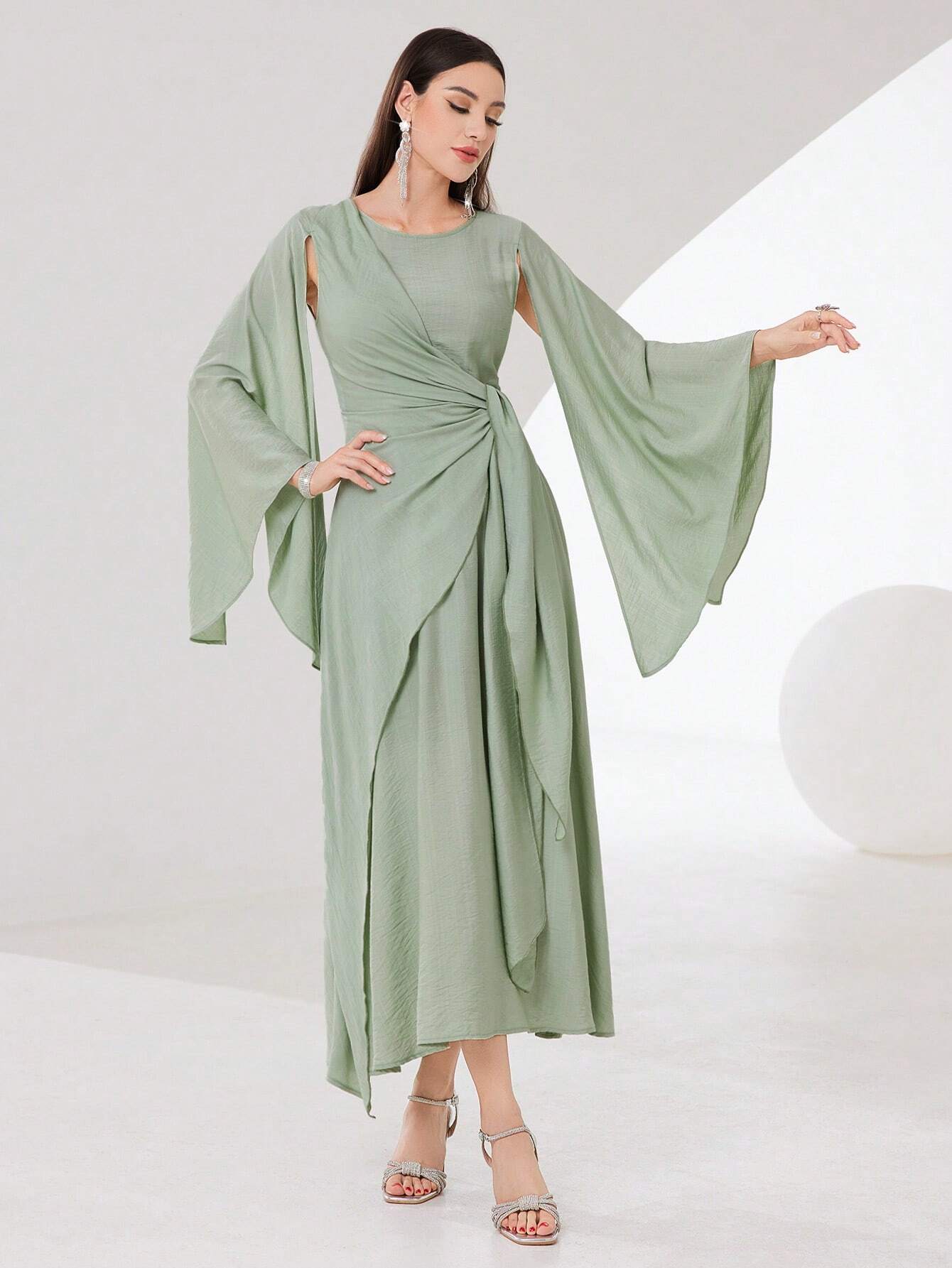 SHEIN Modely Cloak Sleeve Knot Side Green Modest Dress | Dress SHEIN Modely Cloak Sleeve Knot Side Green Modest Dress | Dress