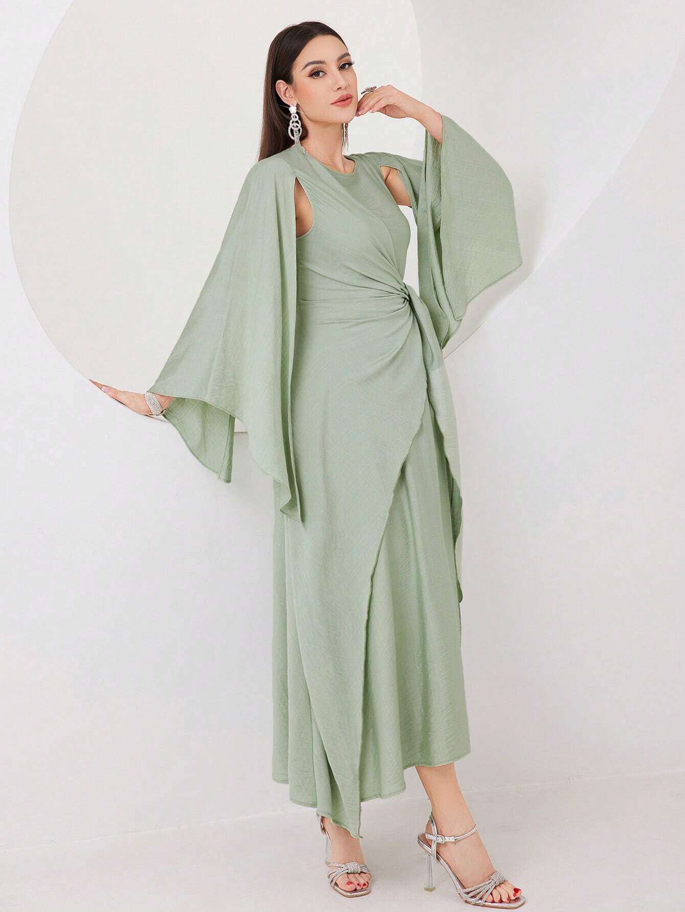  | SHEIN Modely Cloak Sleeve Knot Side Green Modest Dress | Dress | Shein | OneHub