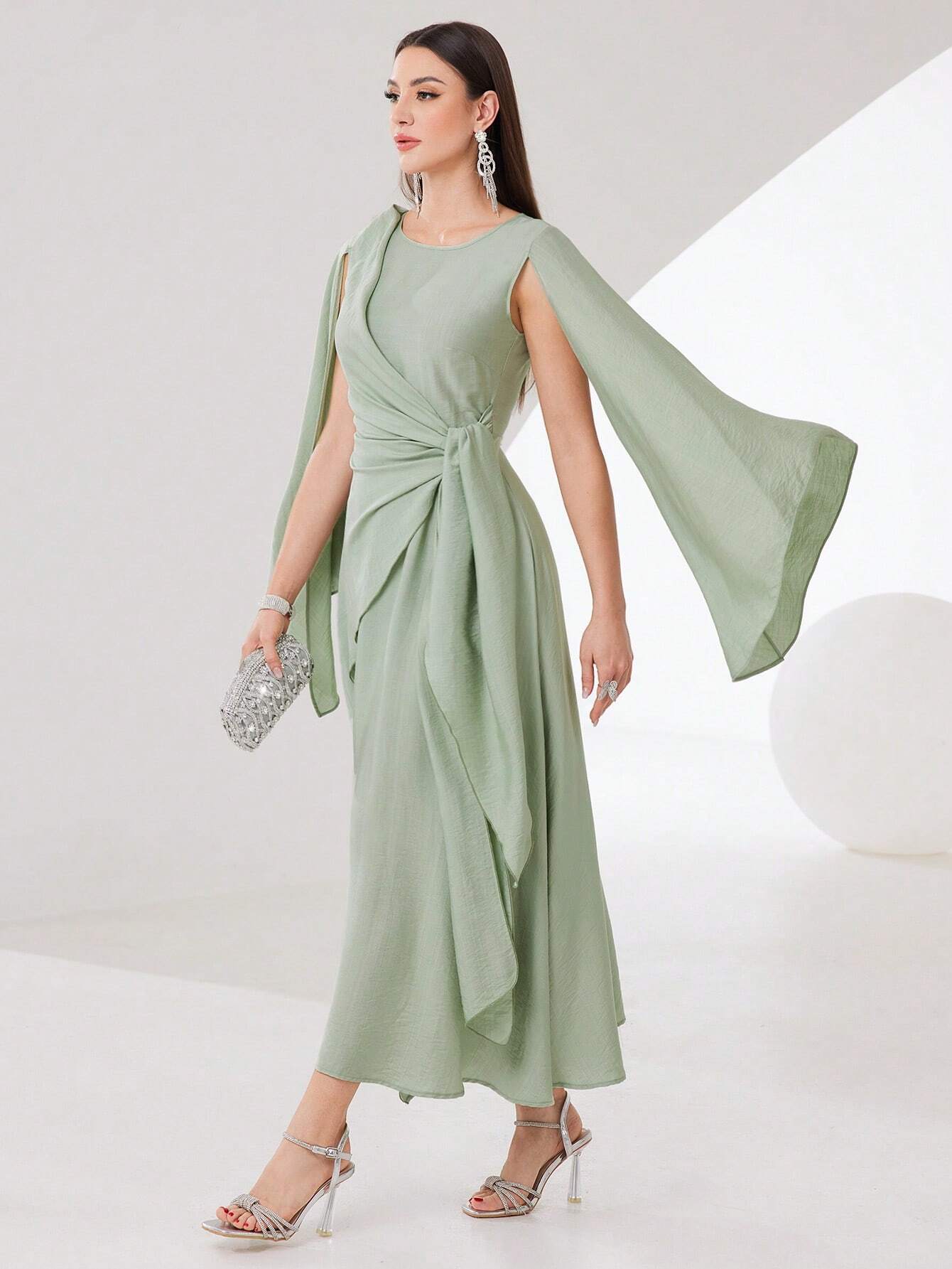  | SHEIN Modely Cloak Sleeve Knot Side Green Modest Dress | Dress | Shein | OneHub