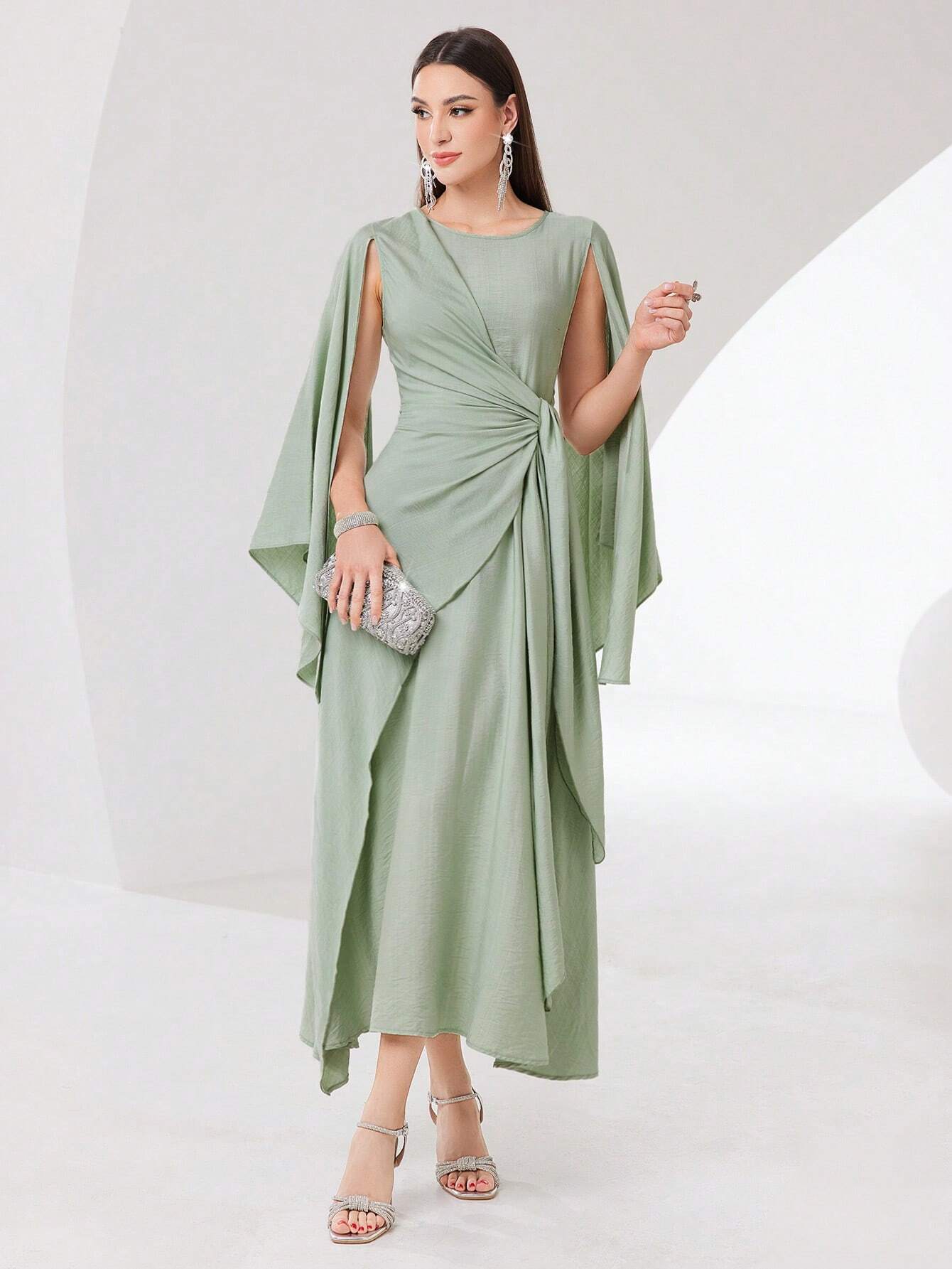 shein green dress SHEIN Modely Cloak Sleeve Knot Side Green Modest Dress | Dress