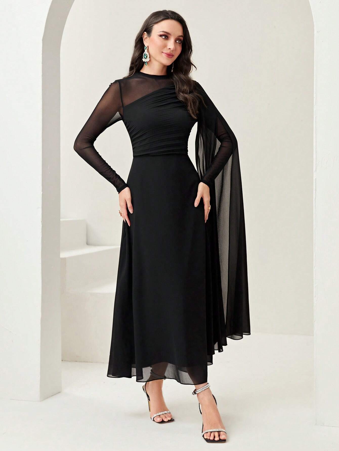  | SHEIN Modely Contrast Mesh Ruched Dress With Sleeves Dress | Dress | Shein | OneHub