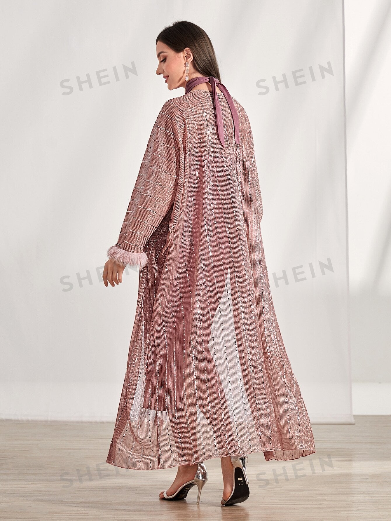  | SHEIN Modely Contrast Sequin Fuzzy Cuff Coat & Bodycon Dress | Dress | Shein | OneHub