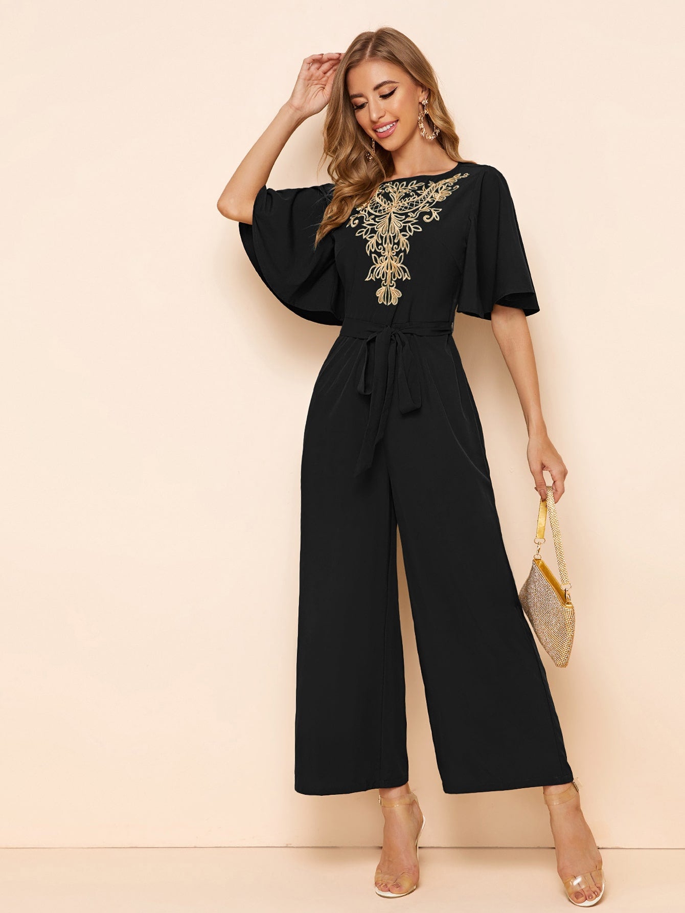  | SHEIN Modely Embroidery Detail Belted Palazzo Jumpsuit | Jumpsuit | Shein | OneHub