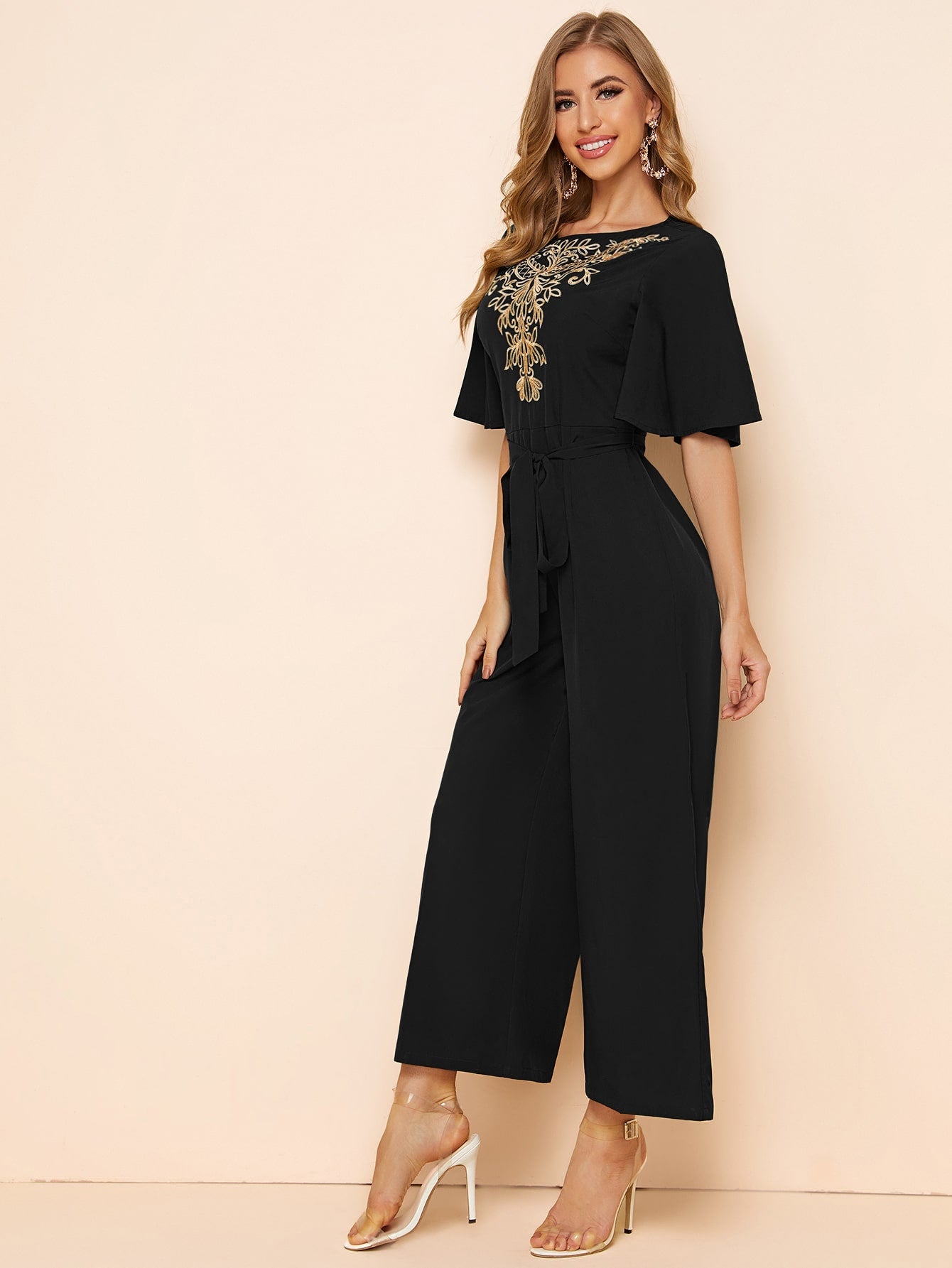  | SHEIN Modely Embroidery Detail Belted Palazzo Jumpsuit | Jumpsuit | Shein | OneHub