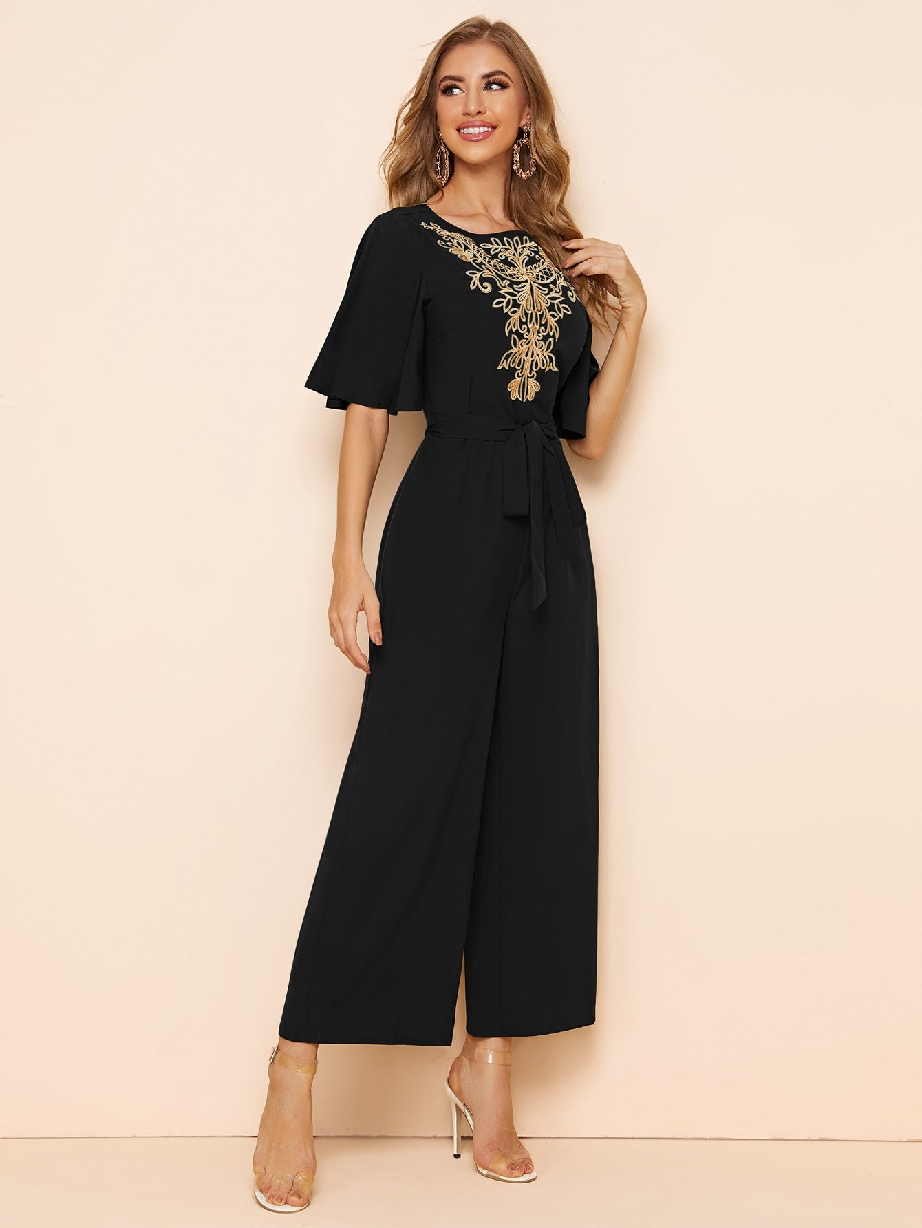  | SHEIN Modely Embroidery Detail Belted Palazzo Jumpsuit | Jumpsuit | Shein | OneHub