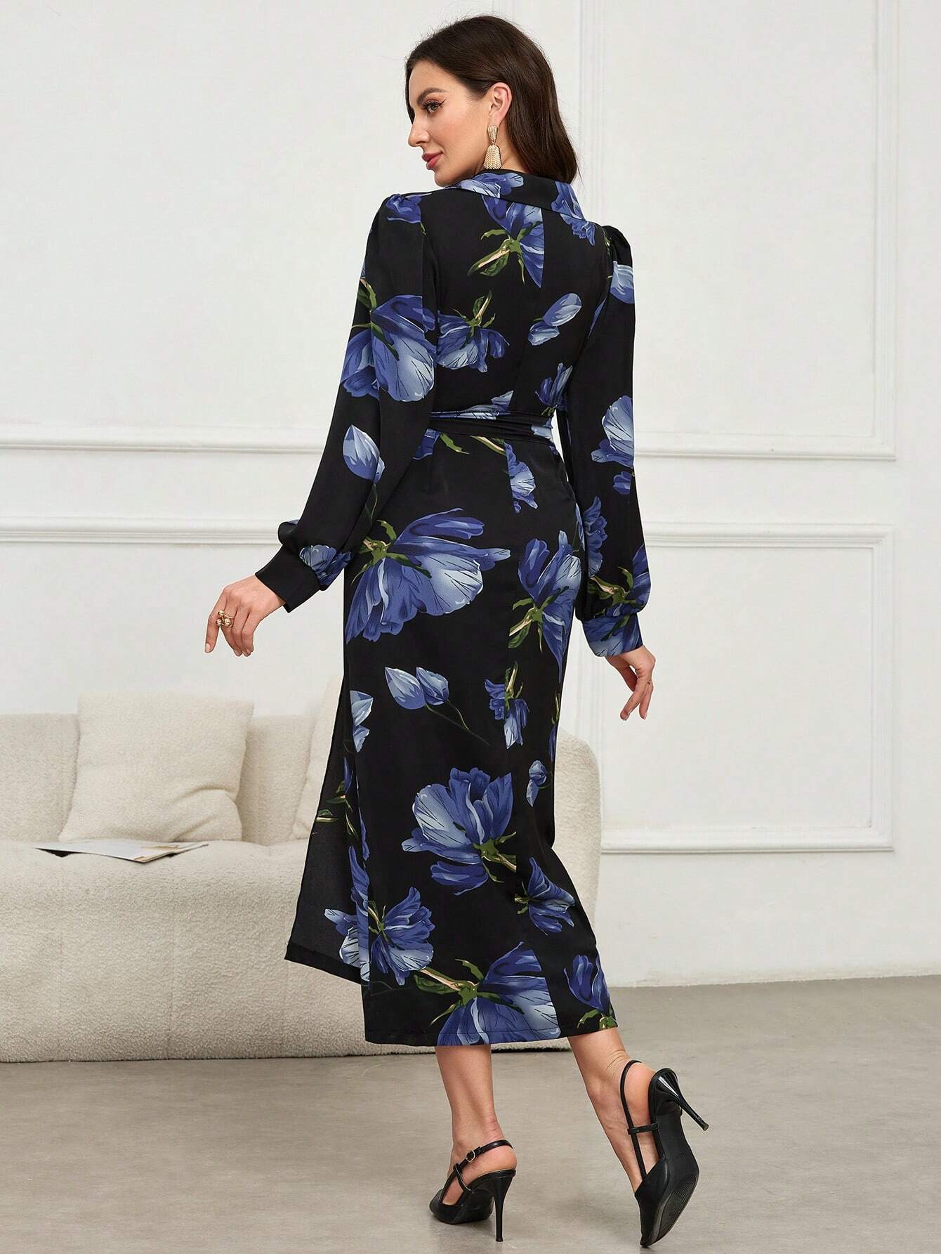 wrap dress shein SHEIN Modely Floral Print V-Neck Wrap-Around Tie-Front Elegant Long Sl | Dress