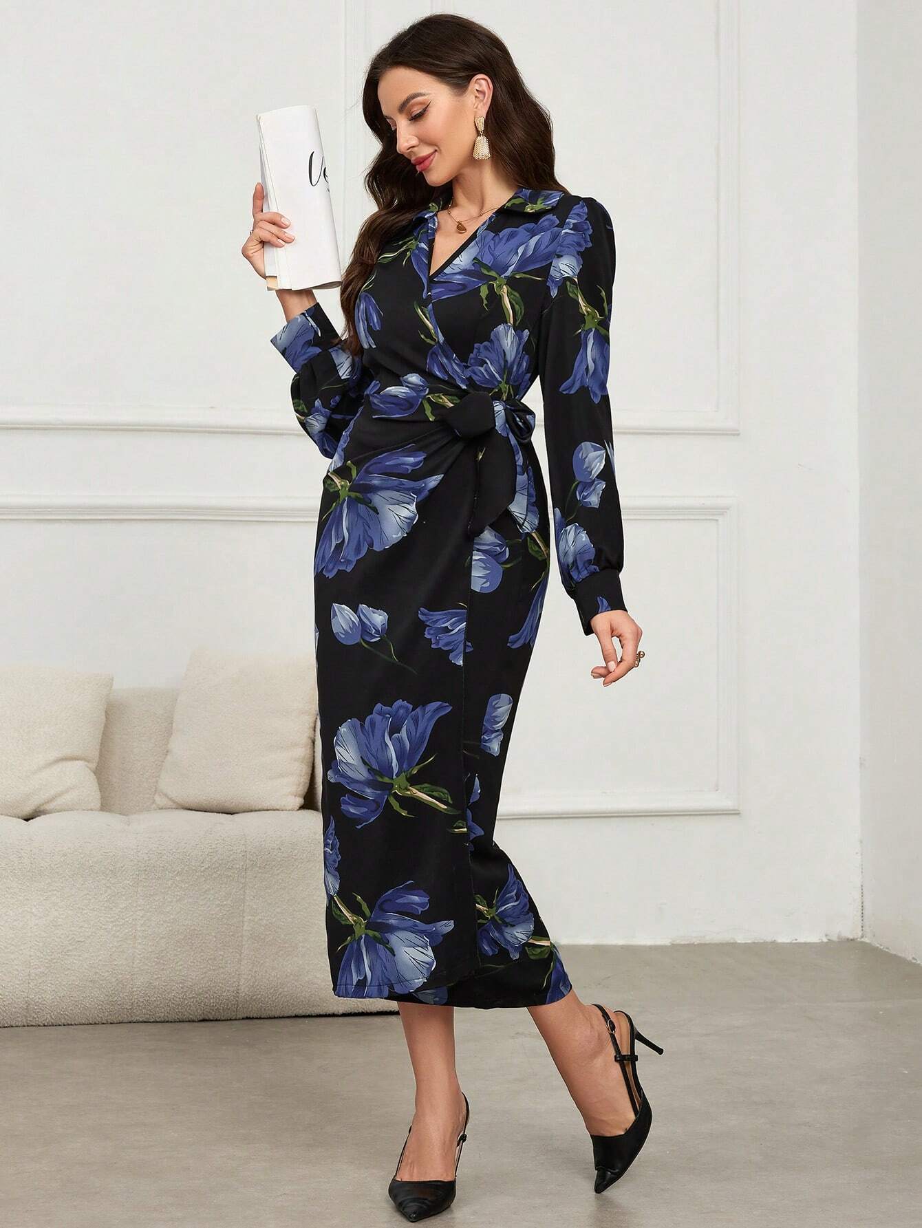  | SHEIN Modely Floral Print V-Neck Wrap-Around Tie-Front Elegant Long Sleeve Dress | Dress | Shein | OneHub