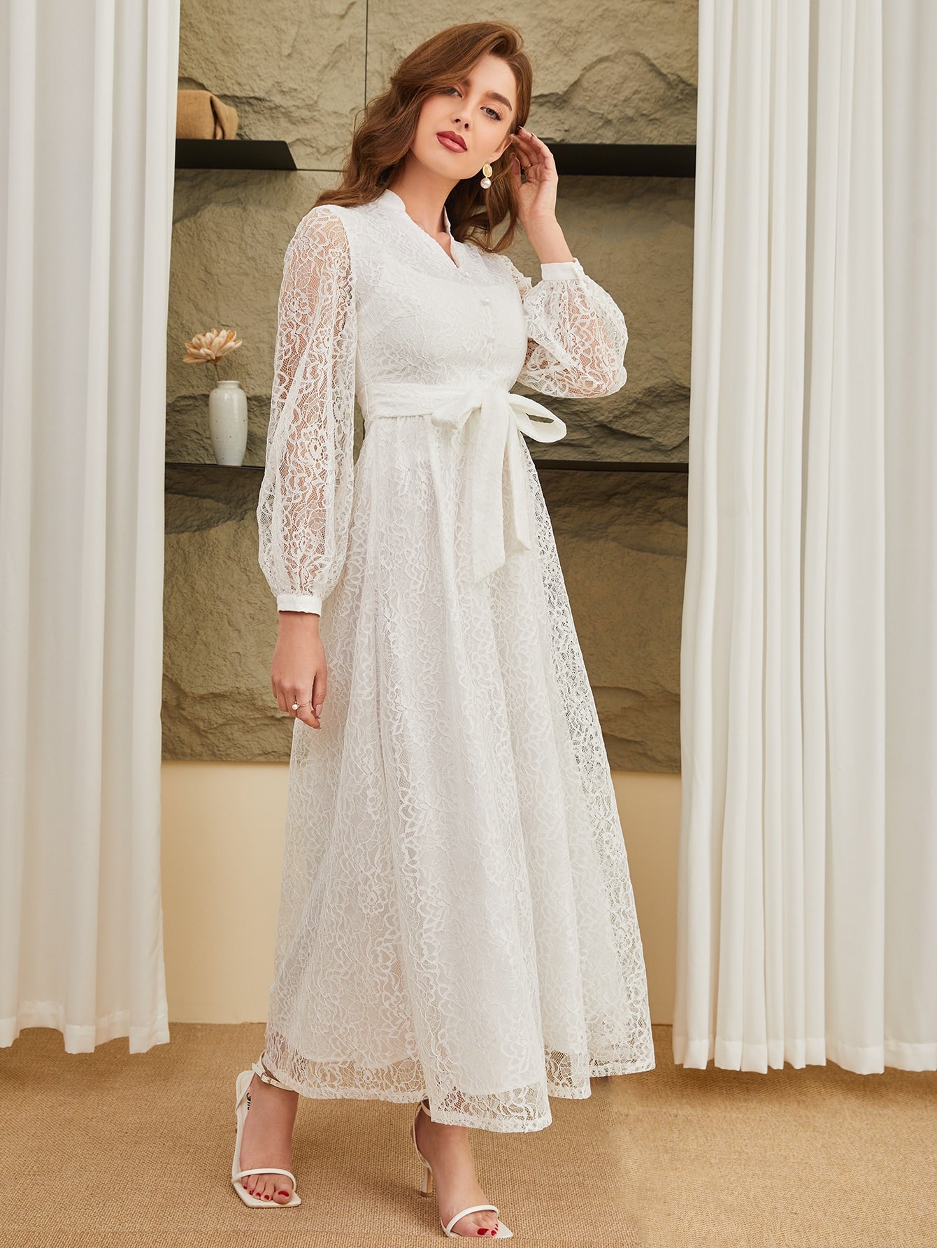  | SHEIN Modely Lantern Sleeve Belted Lace Dress | Dress | Shein | OneHub