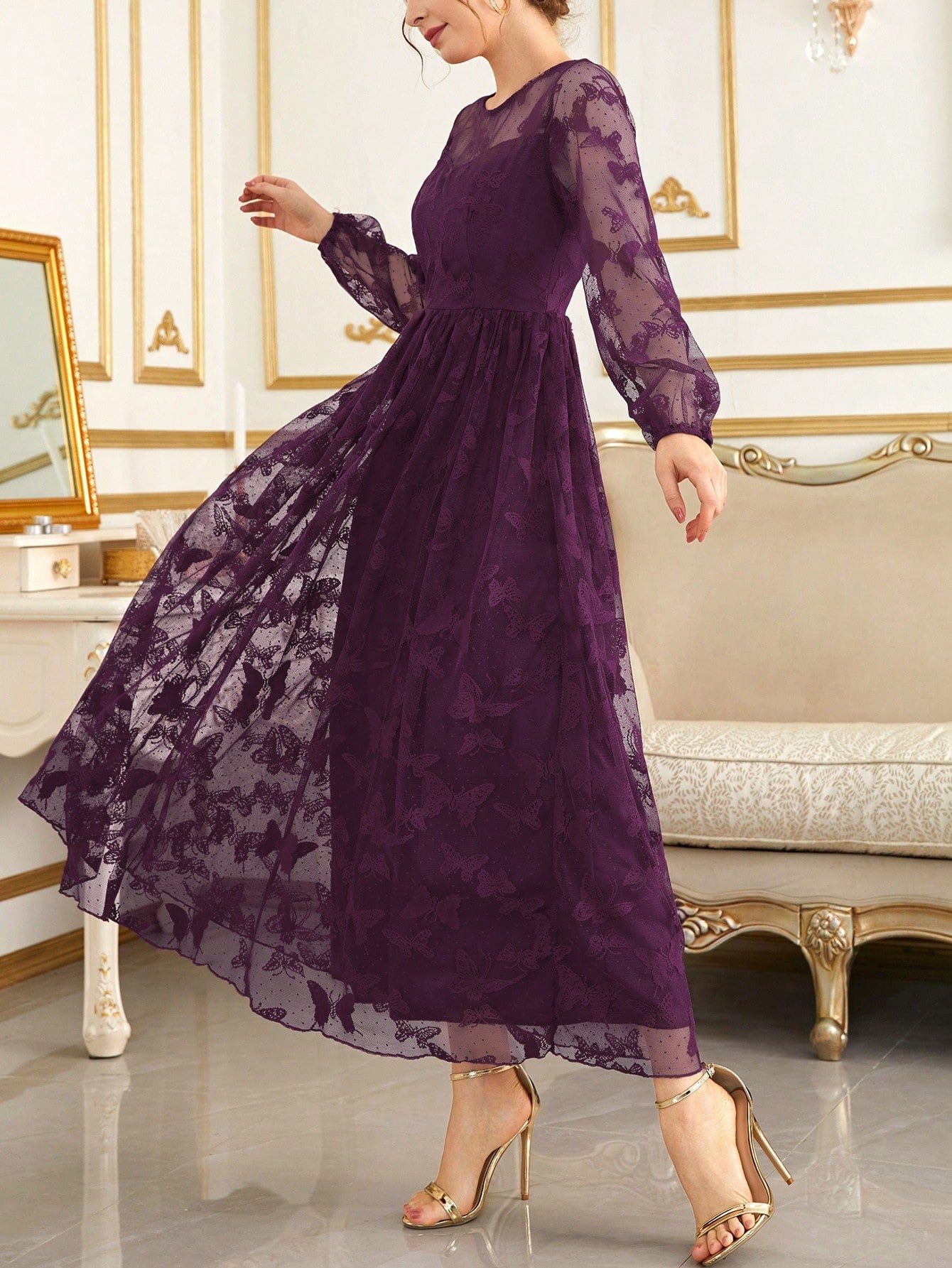  | SHEIN Modely Lantern Sleeve Embroidery Mesh Dress | Dress | Shein | OneHub