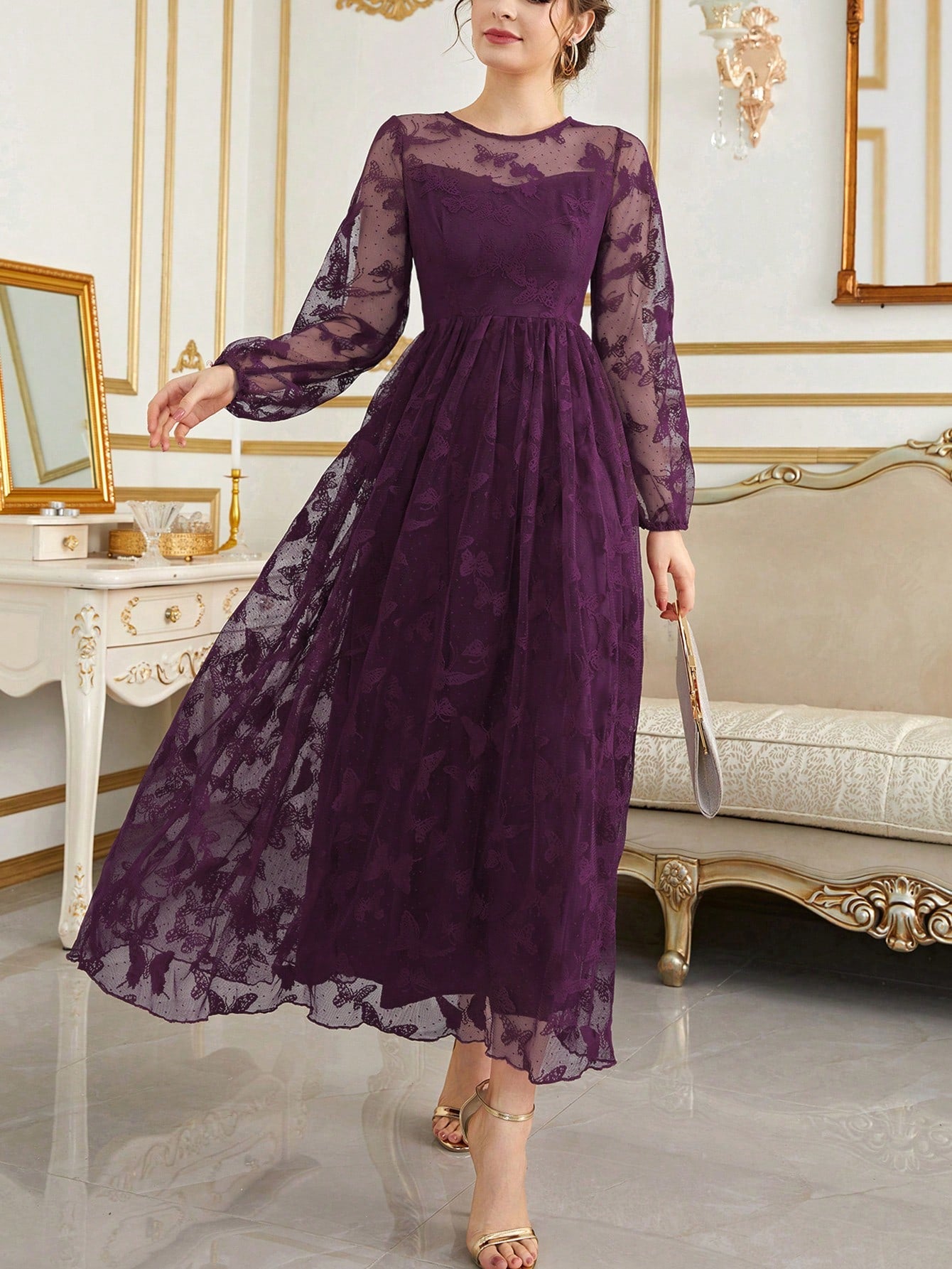  | SHEIN Modely Lantern Sleeve Embroidery Mesh Dress | Dress | Shein | OneHub