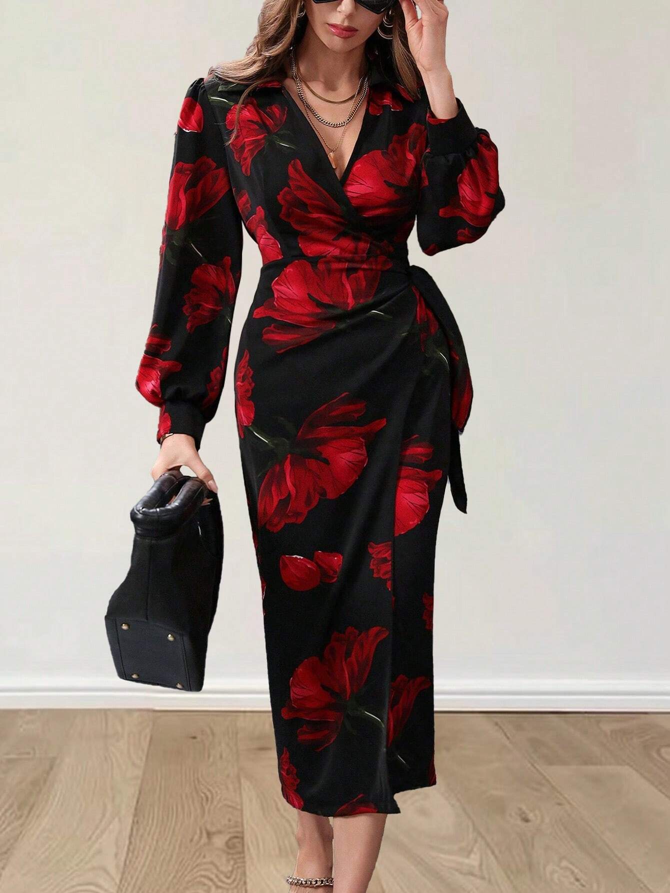 SHEIN Modely Long Sleeve V-Neck Allover Floral Print Casual Dress | Dress