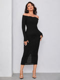  | SHEIN Modely Off Shoulder Frill Trim Split Back Glitter Bodycon Dress | Dress | Shein | OneHub