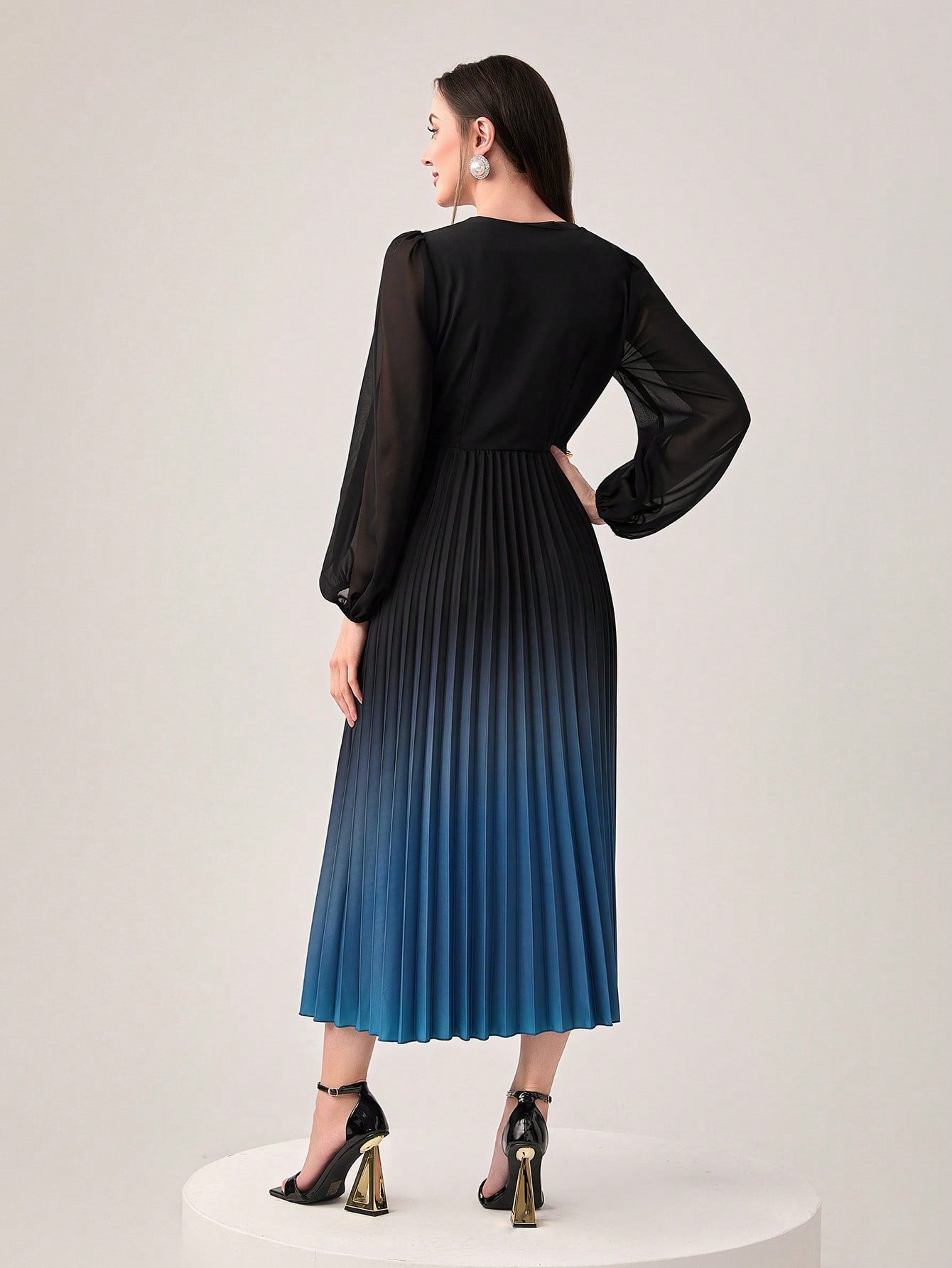  | SHEIN Modely Ombre Print Lantern Sleeve Pleated Hem Dress Without Belt | Dress | Shein | OneHub