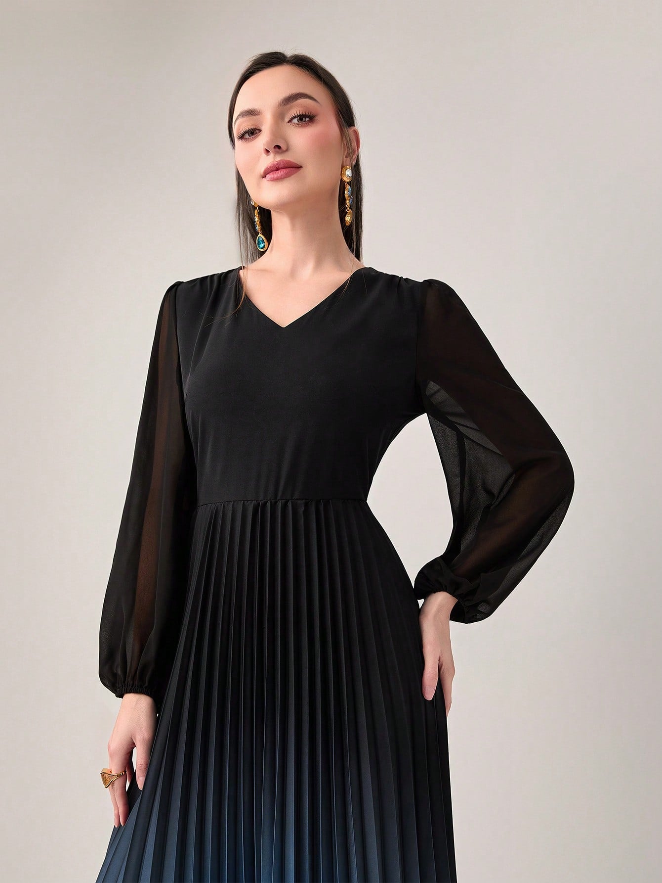  | SHEIN Modely Ombre Print Lantern Sleeve Pleated Hem Dress Without Belt | Dress | Shein | OneHub