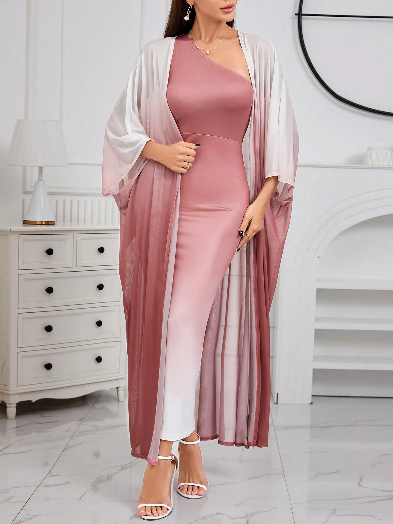 shein pink dresses SHEIN Modely Ombre Shoulder Sloping Dress With Coat Evening Dress | Dress