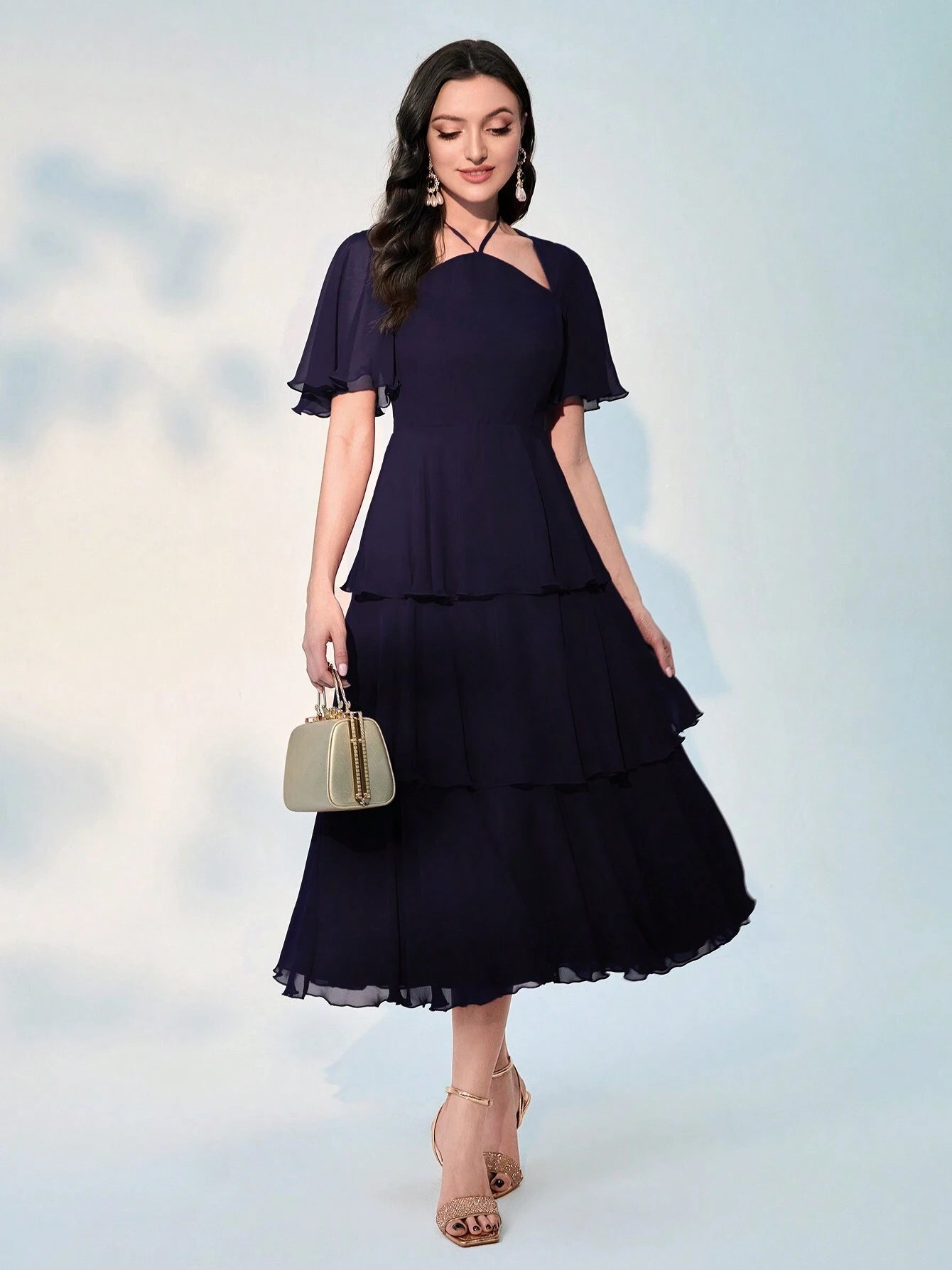  | SHEIN Modely Patchwork Mesh Detailing Waist Cinched Multi-Tiered Hem Dress | Dress | Shein | OneHub