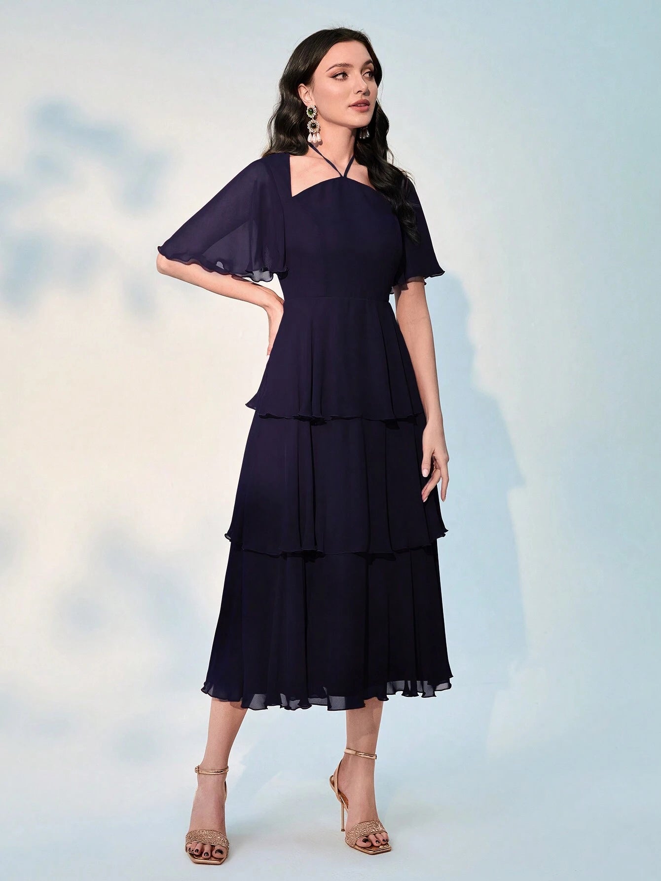  | SHEIN Modely Patchwork Mesh Detailing Waist Cinched Multi-Tiered Hem Dress | Dress | Shein | OneHub