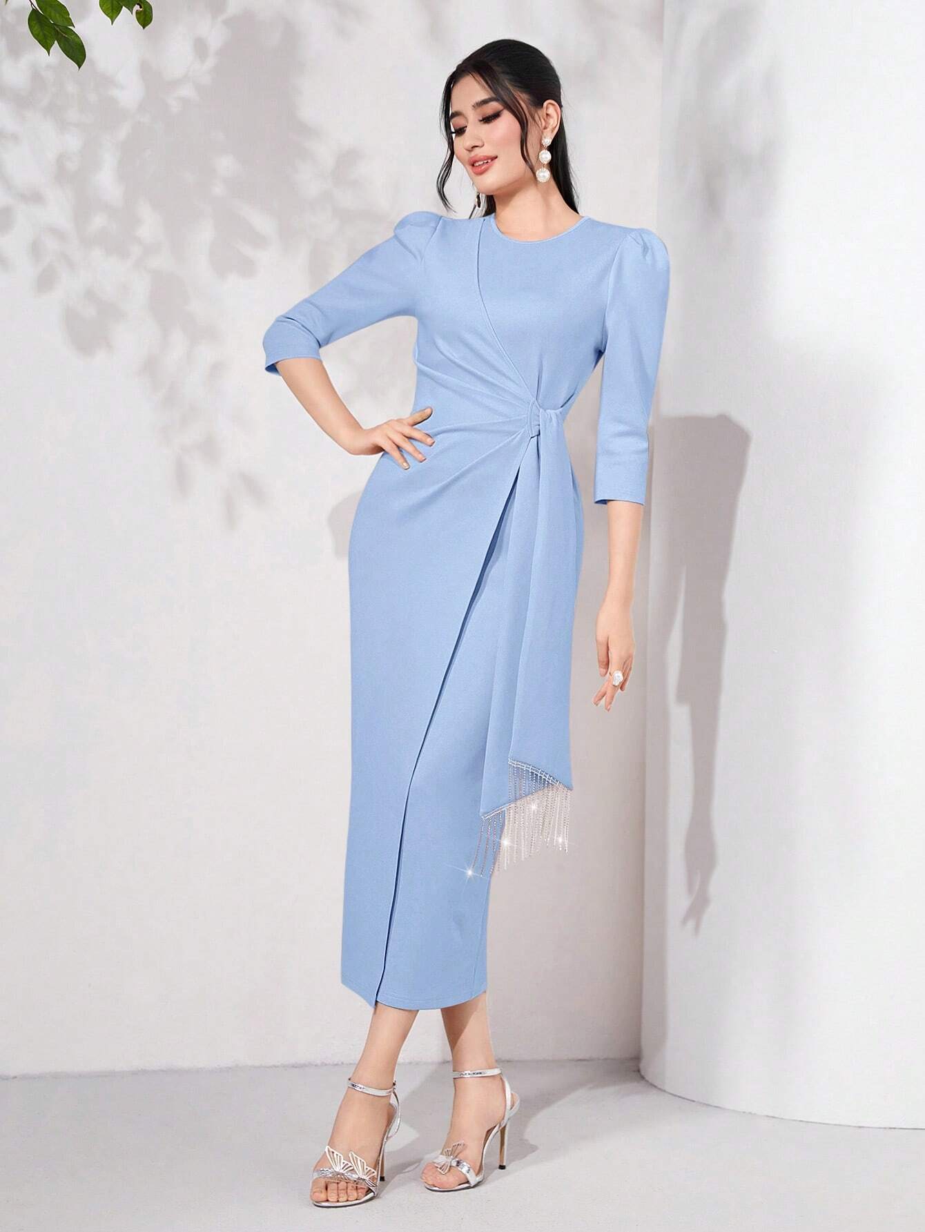  | SHEIN Modely Puff Sleeve Draped Side Wrap Hem Dress | Dress | Shein | OneHub