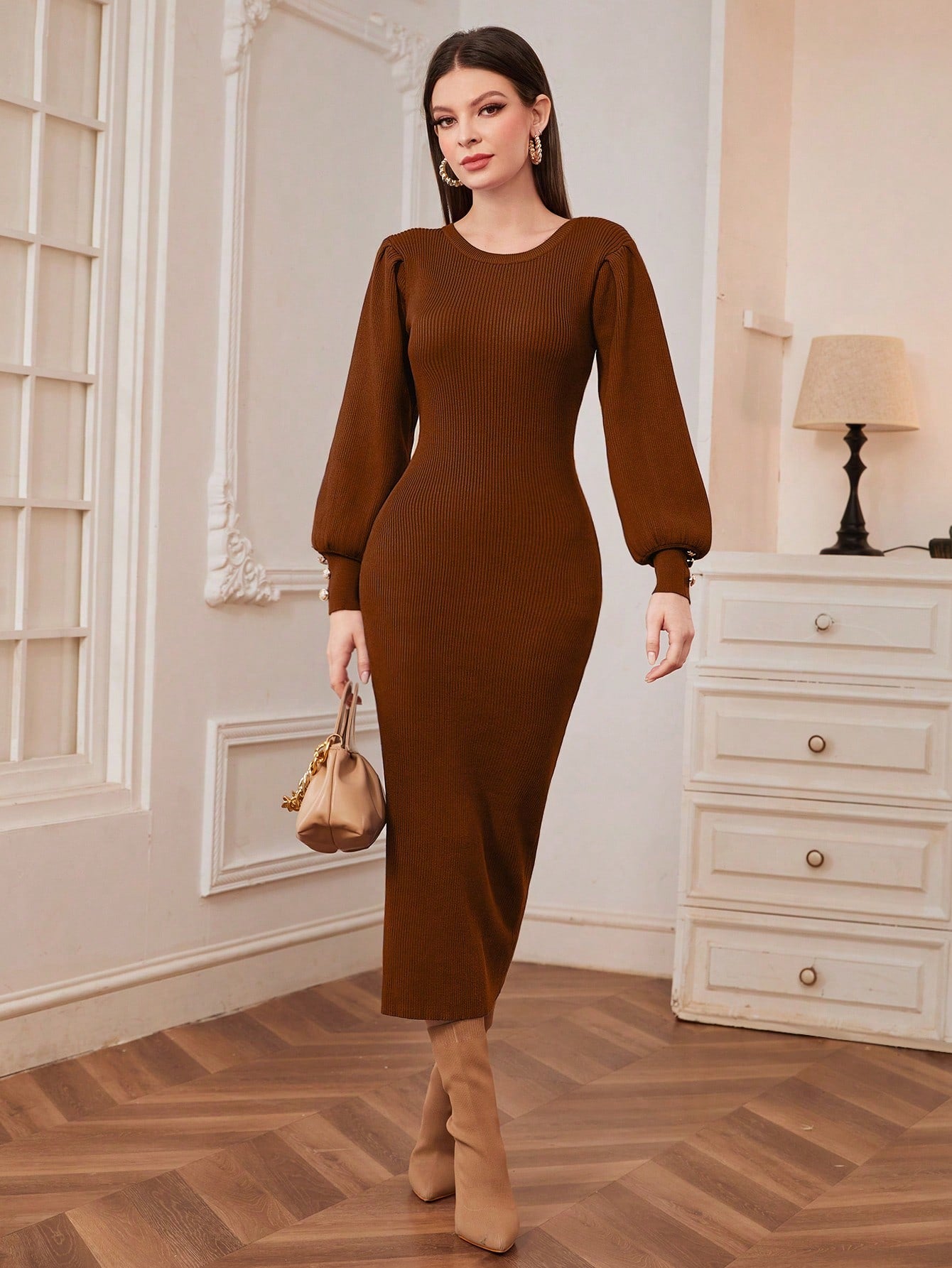  | SHEIN Modely Solid Button Detail Lantern Sleeve Bodycon Sweater Dress | Dress | Shein | OneHub