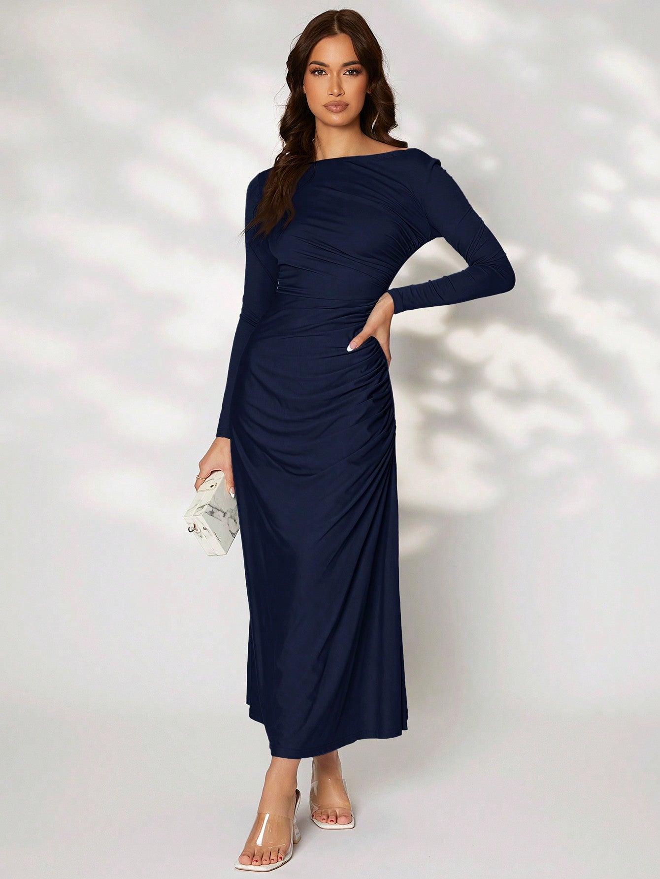 ruched dress shein SHEIN Priv Ruched Off-the-Shoulder Mini Bodycon Dress