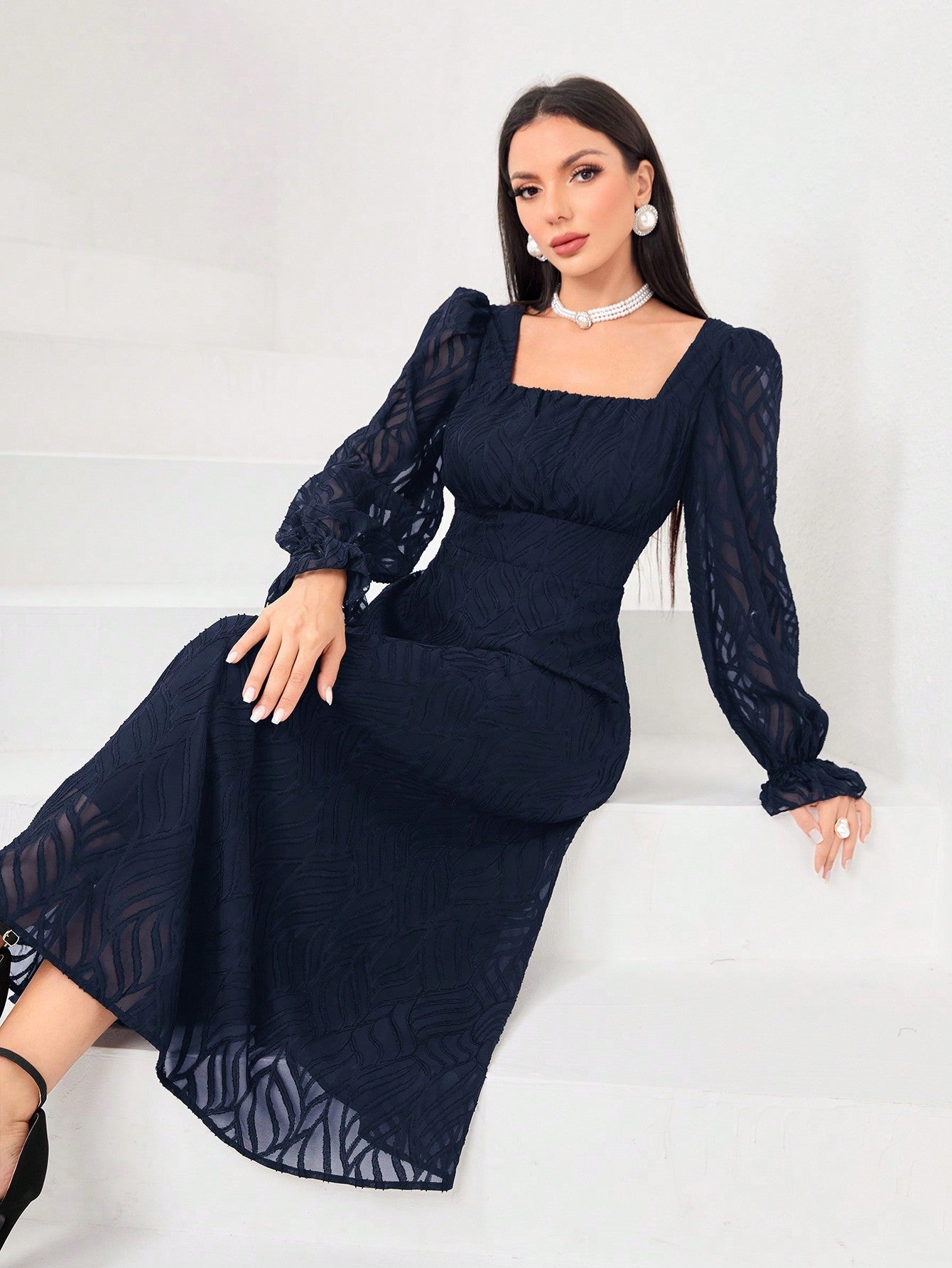 navy blue dress shein Belle Plus Size Bridesmaid Mermaid Crossed Front Slit Hem Party Dress, Wedding Guest Dress, Formal Dress, Evening Dress, Gown size features are SheIn Navy Blue Sheath Dress