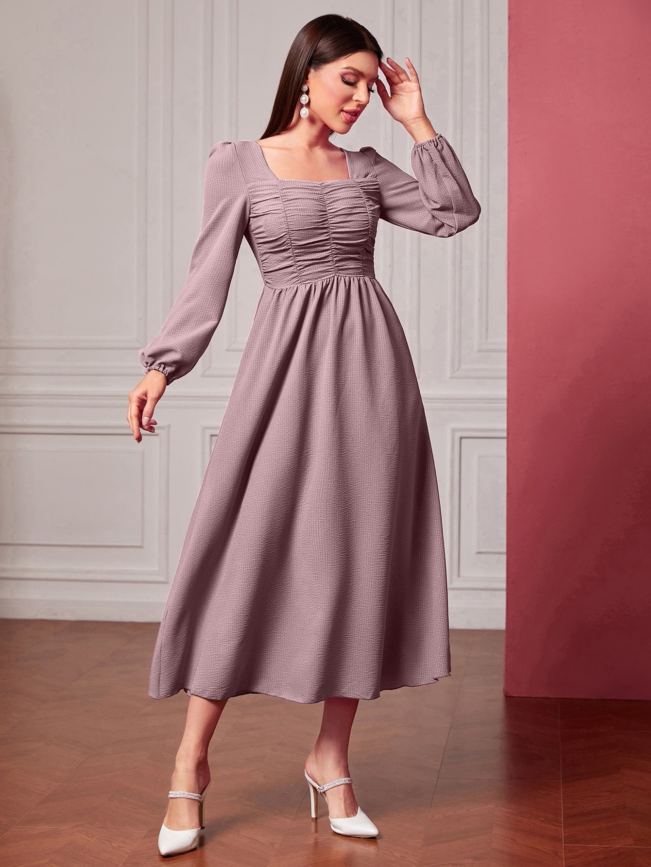  | SHEIN Modely Square Neck Ruched Lantern Sleeve Dress | Dress | Shein | OneHub