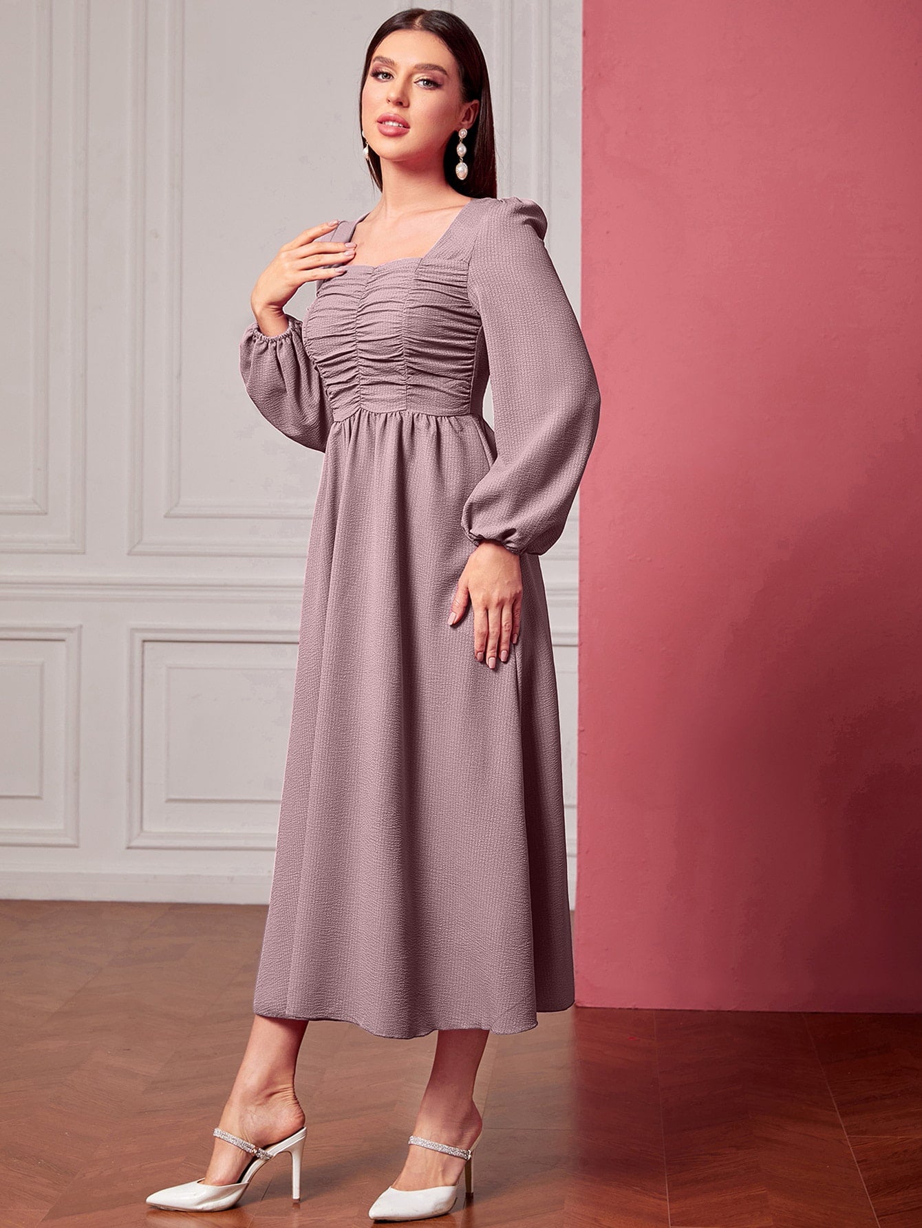  | SHEIN Modely Square Neck Ruched Lantern Sleeve Dress | Dress | Shein | OneHub