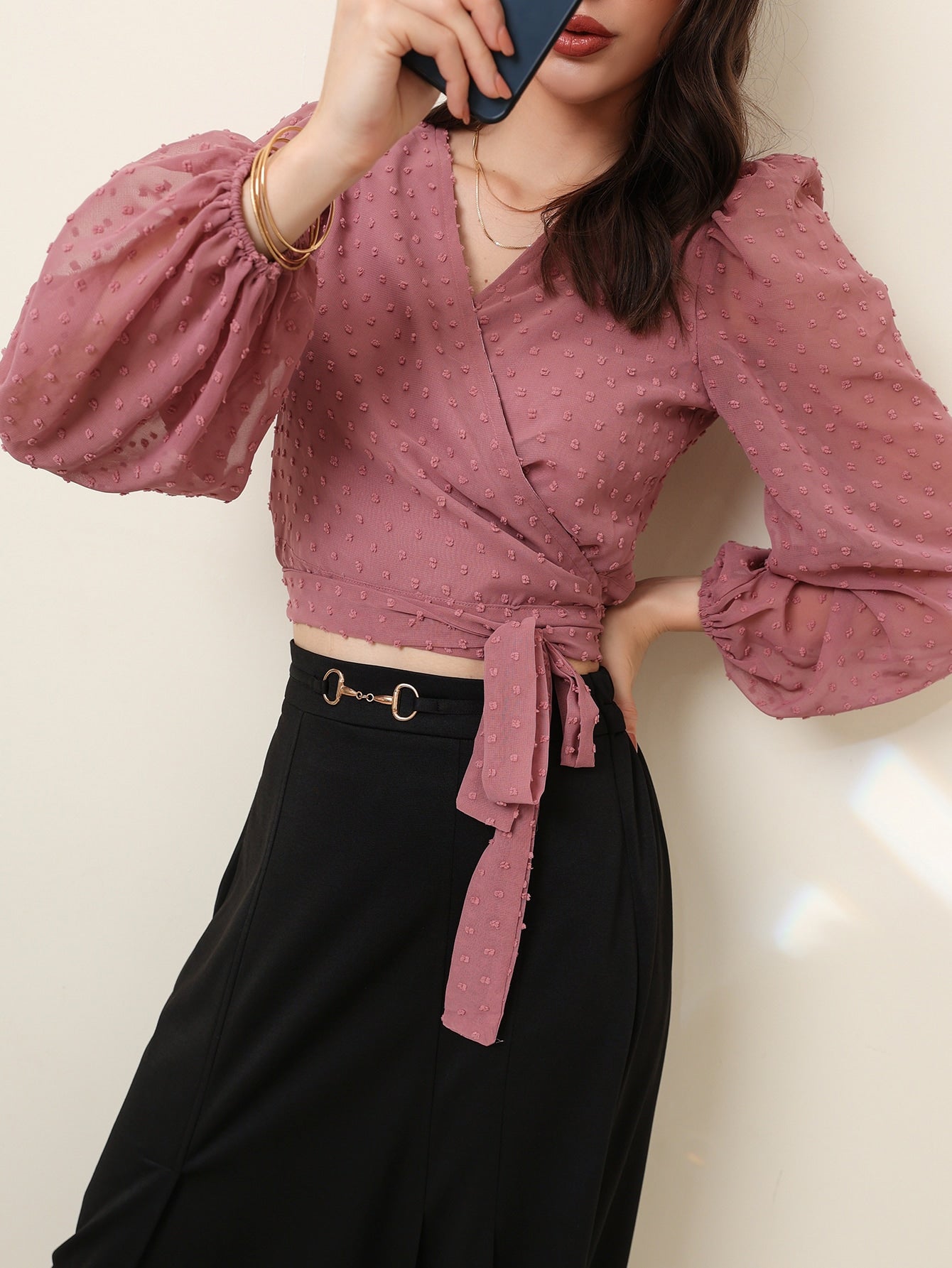  | SHEIN Modely Swiss Dot Surplice Front Tie Side Blouse | Blouse | Shein | OneHub