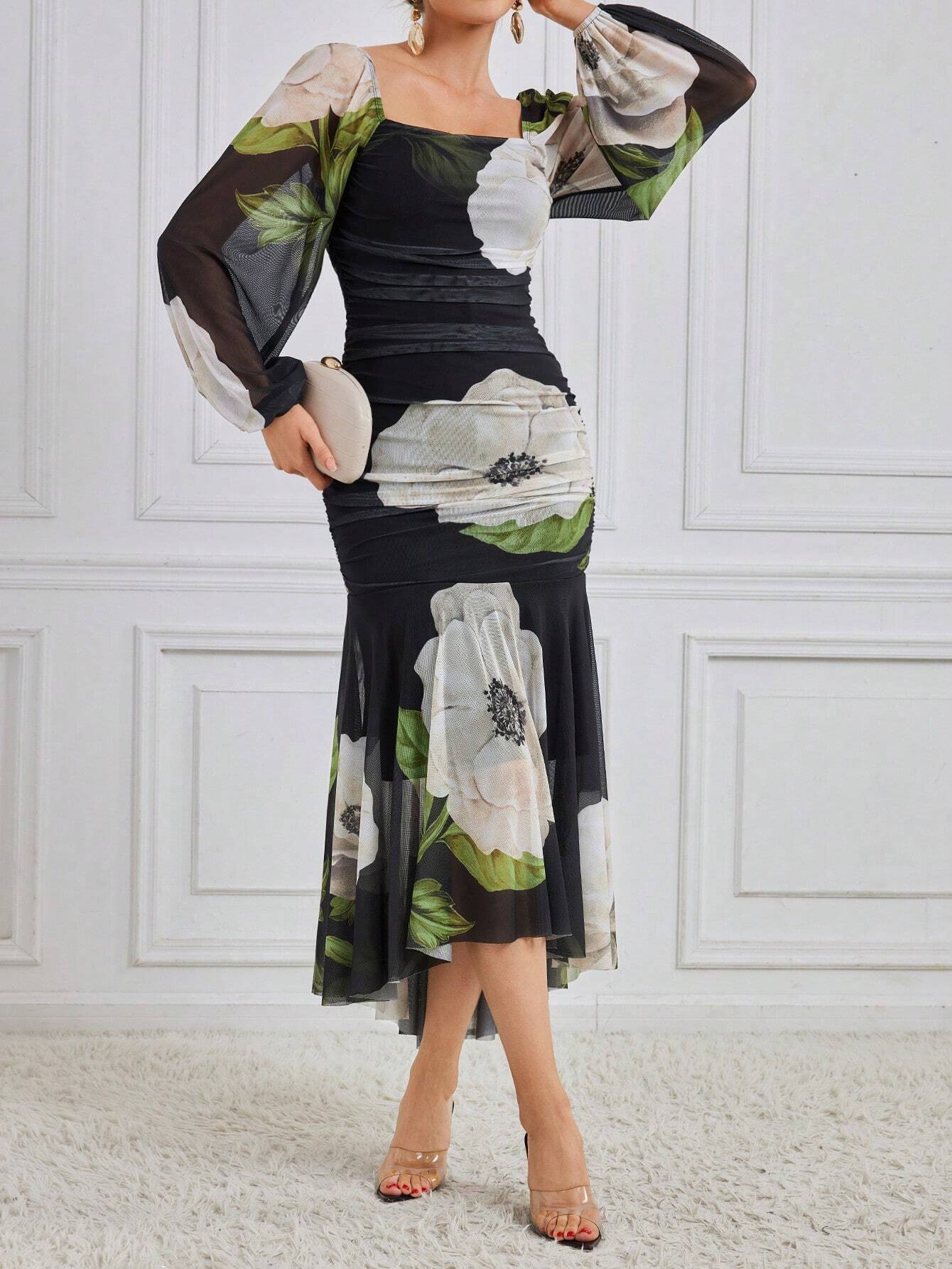  | SHEIN Modely Women'S Square Neckline Flower Printed Dress | Dress | Shein | OneHub