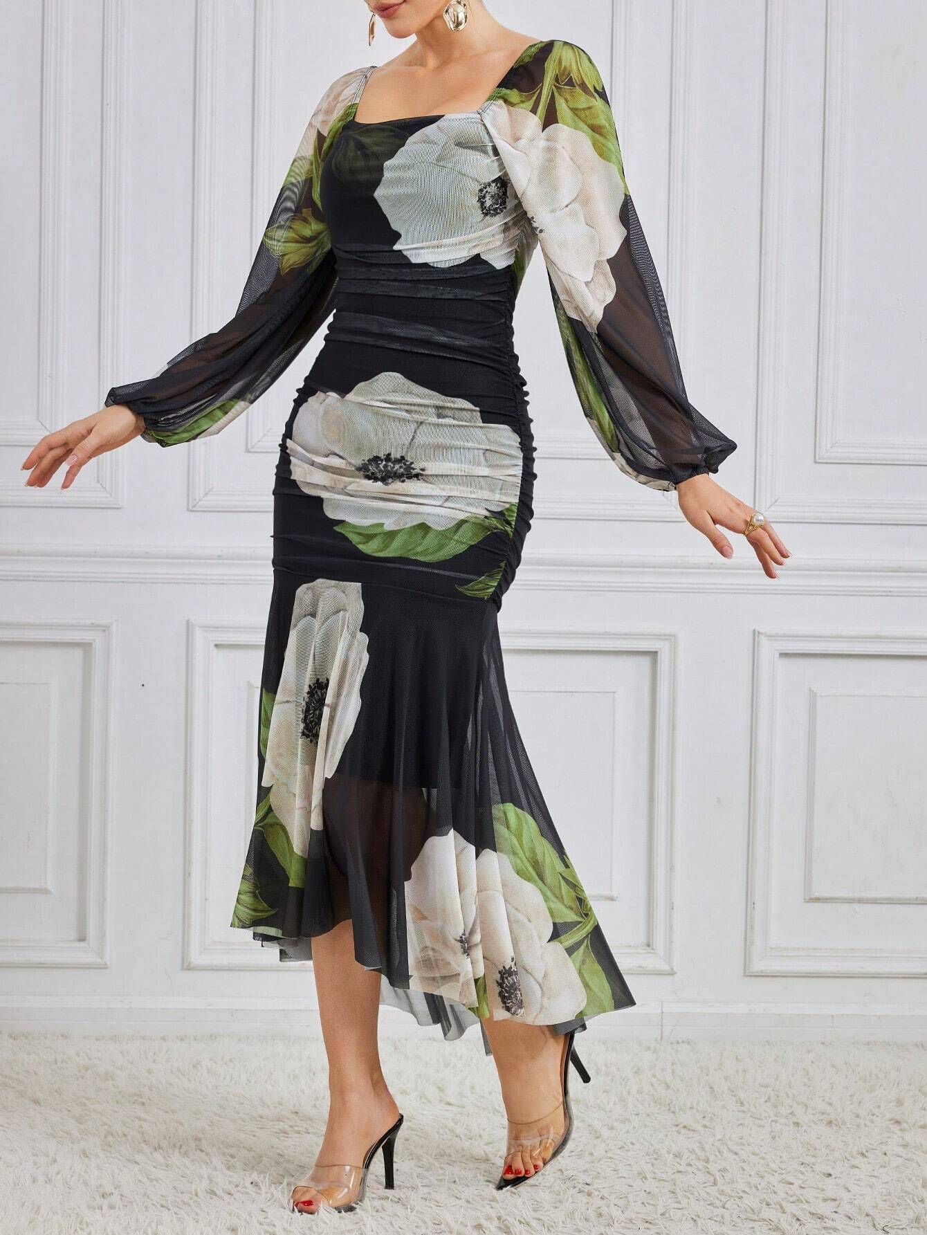  | SHEIN Modely Women'S Square Neckline Flower Printed Dress | Dress | Shein | OneHub