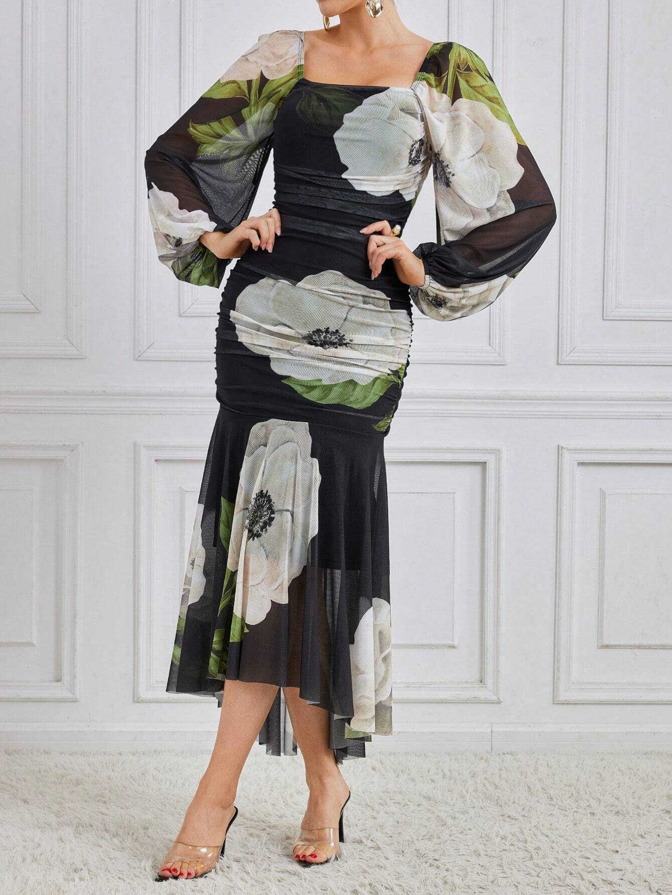  | SHEIN Modely Women'S Square Neckline Flower Printed Dress | Dress | Shein | OneHub